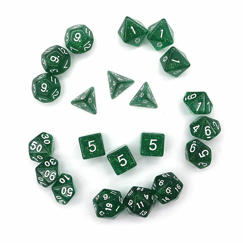 DollaTek Glitter Point Polyhedral Dice Set Gry sto?owe ko?ci 3 zestawy ko?ci 3 x 7 (21 sztuk) Die Series D20 D12 D10 D8 D6 D4 DND DND RPG MTG Double Colors One Piece (zielony)