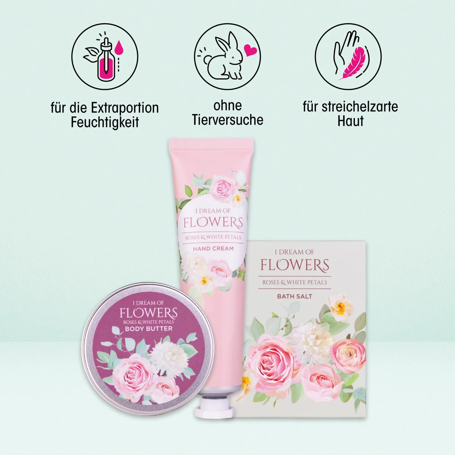 Accentra – Zestaw do kąpieli dla kobiet, zestaw upominkowy I DREAM OF FLOWERS w pięknym pudełku prezentowym – 3-częściowy zestaw do pielęgnacji z kremem do rąk, masłem do ciała i solą do kąpieli –