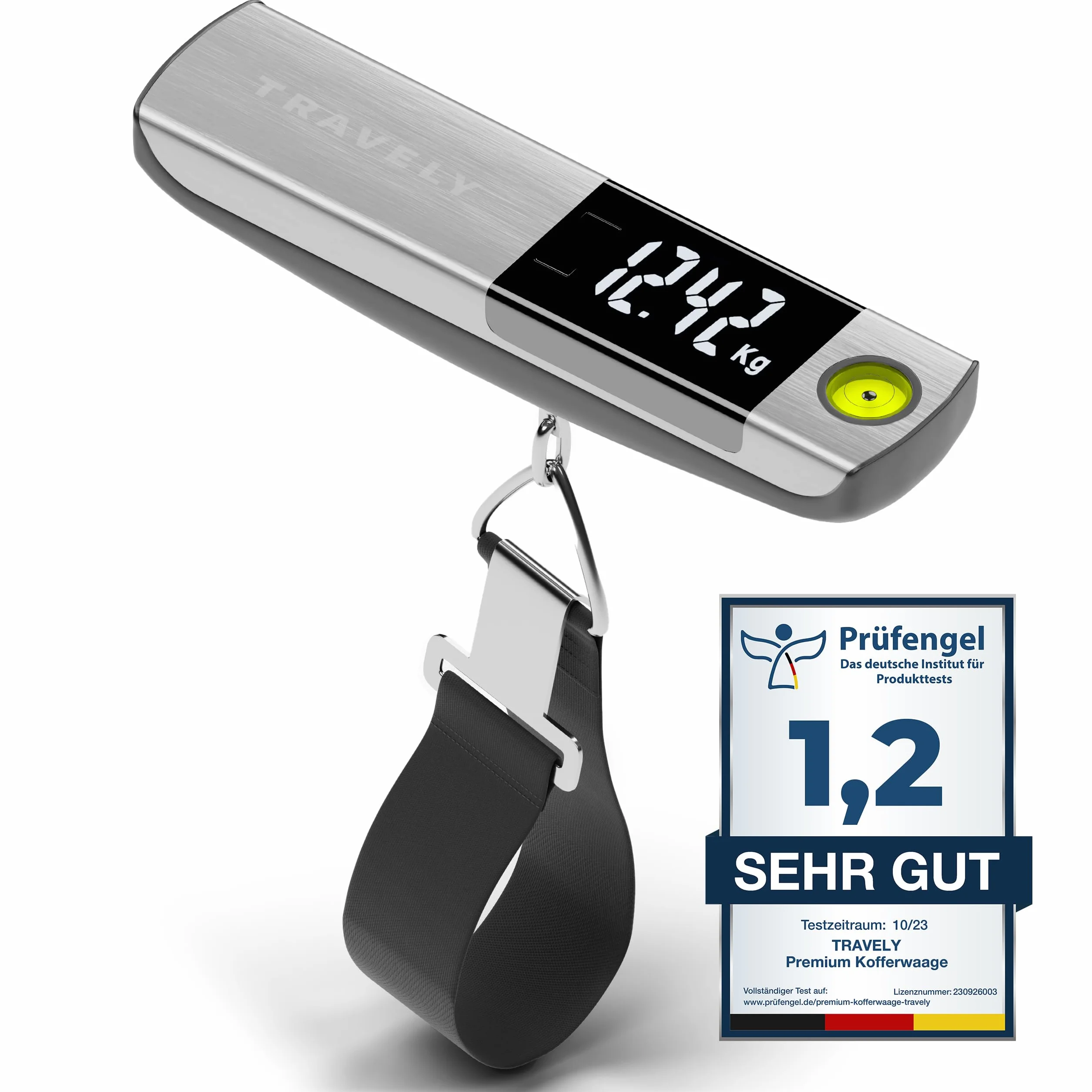 Travely Premium waga bagażowa ze szczotkowanej stali nierdzewnej do 50KG | Waga bagażowa z praktycznym miernikiem i zintegrowaną poziomicą dla najdokładniejszych pomiarów. Waga cyfrowa z haczykiem