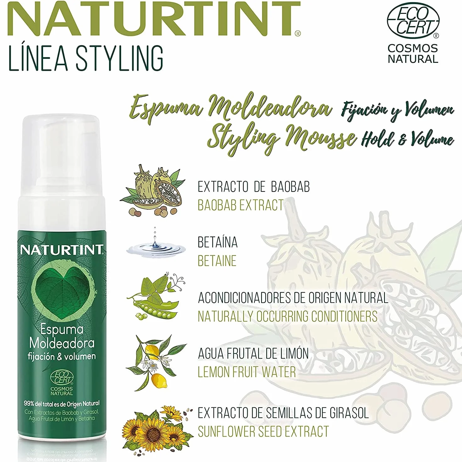 Naturetint Eco Forming Foam - Naprawy i chroni zewnętrzne agresje, 99% naturalnych składników, płynniejszych, elastycznych i mocnych włosów, ekstrakt baobabowy -125 ml