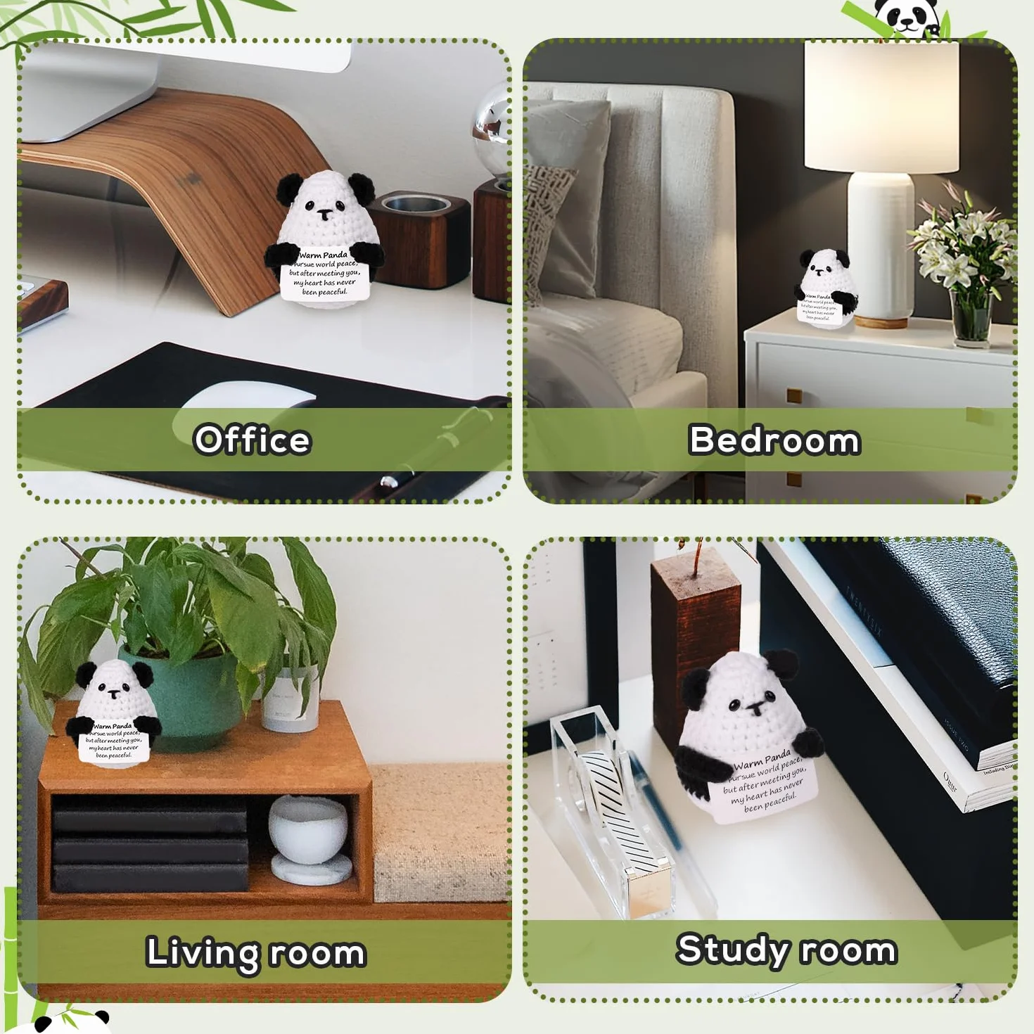 Zabawna Pozytywna Panda, 7,5cm Kreatywna Urocza Lalka Panda z Dzianiny z Inspirujaca Karta Ciekawy Szydelkowy Panda na Pluszowy Prezent Urodzinowy Dekoracja Imprezowa Zacheta