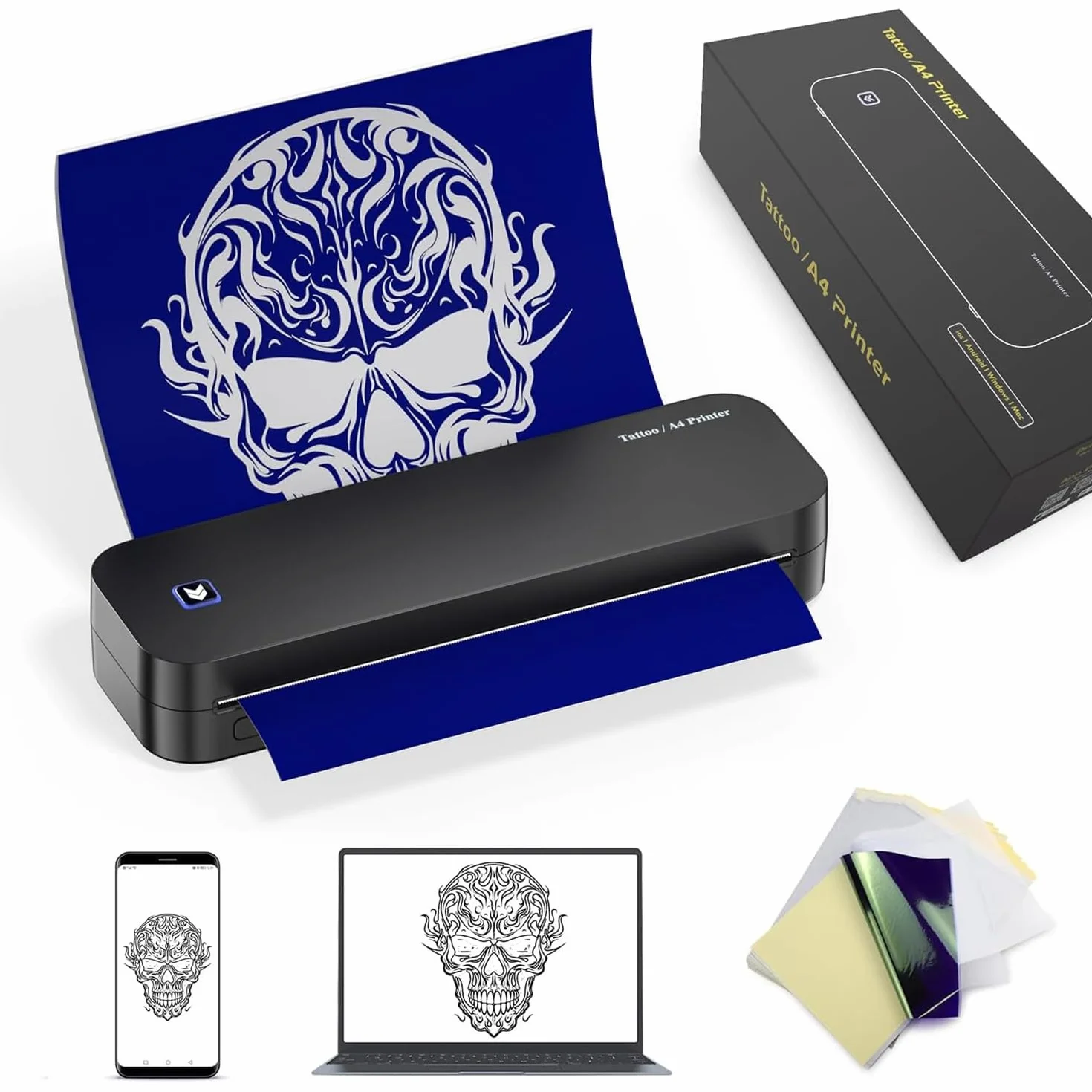 TATELF Drukarka szablonowa Bluetooth A4 Drukarka termiczna Tattoo 2600 mAh 20 arkuszy papieru transferowego do telefonów i komputerów z systemem Android i iOS