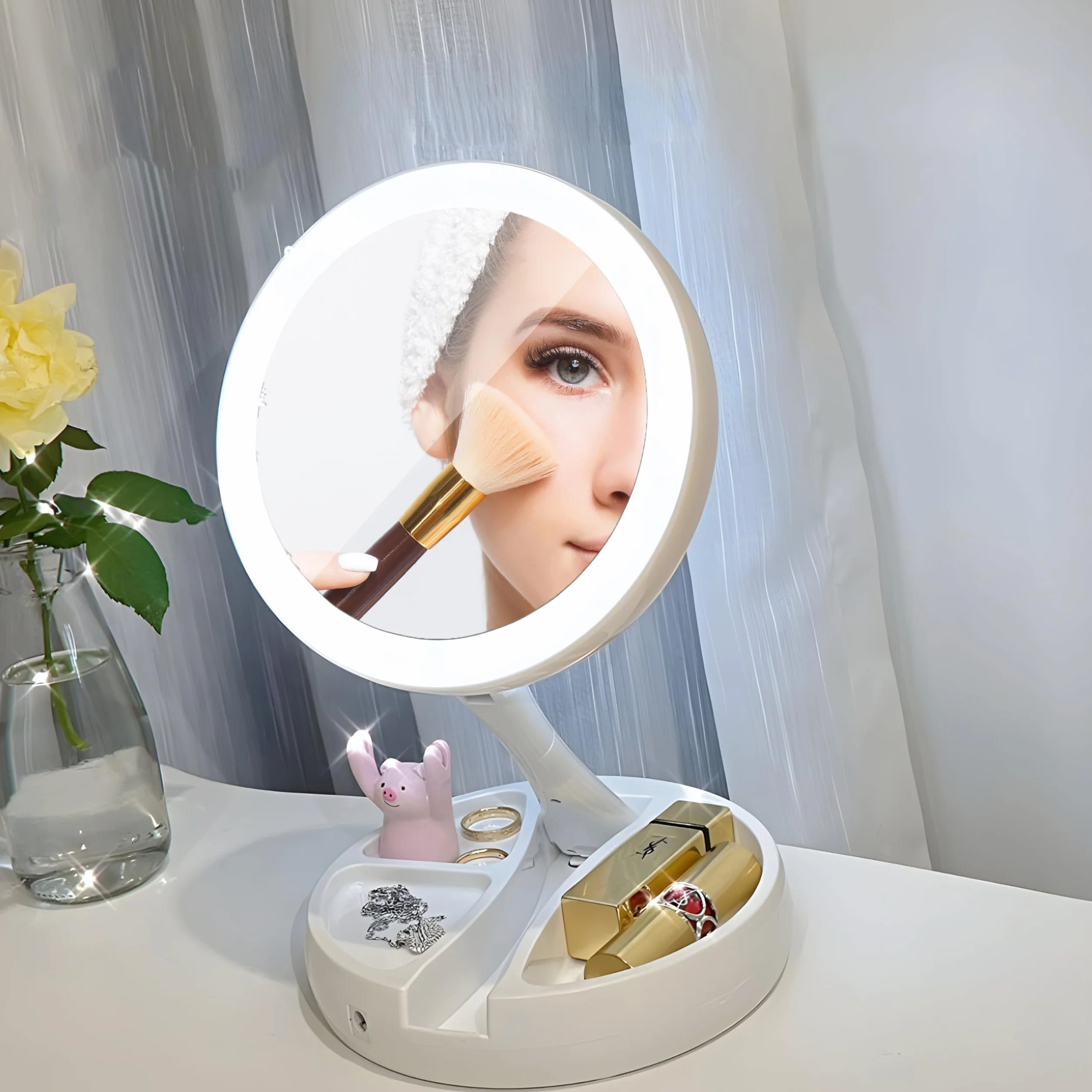 Retoo Lusterko kosmetyczne z oświetleniem LED 17,5 x 5,3 cm, obrotowe lusterko do makijażu, podświetlany lustro stołowe, zasilanie bateryjne lub USB, kompaktowe do domu, łazienki i w podróży