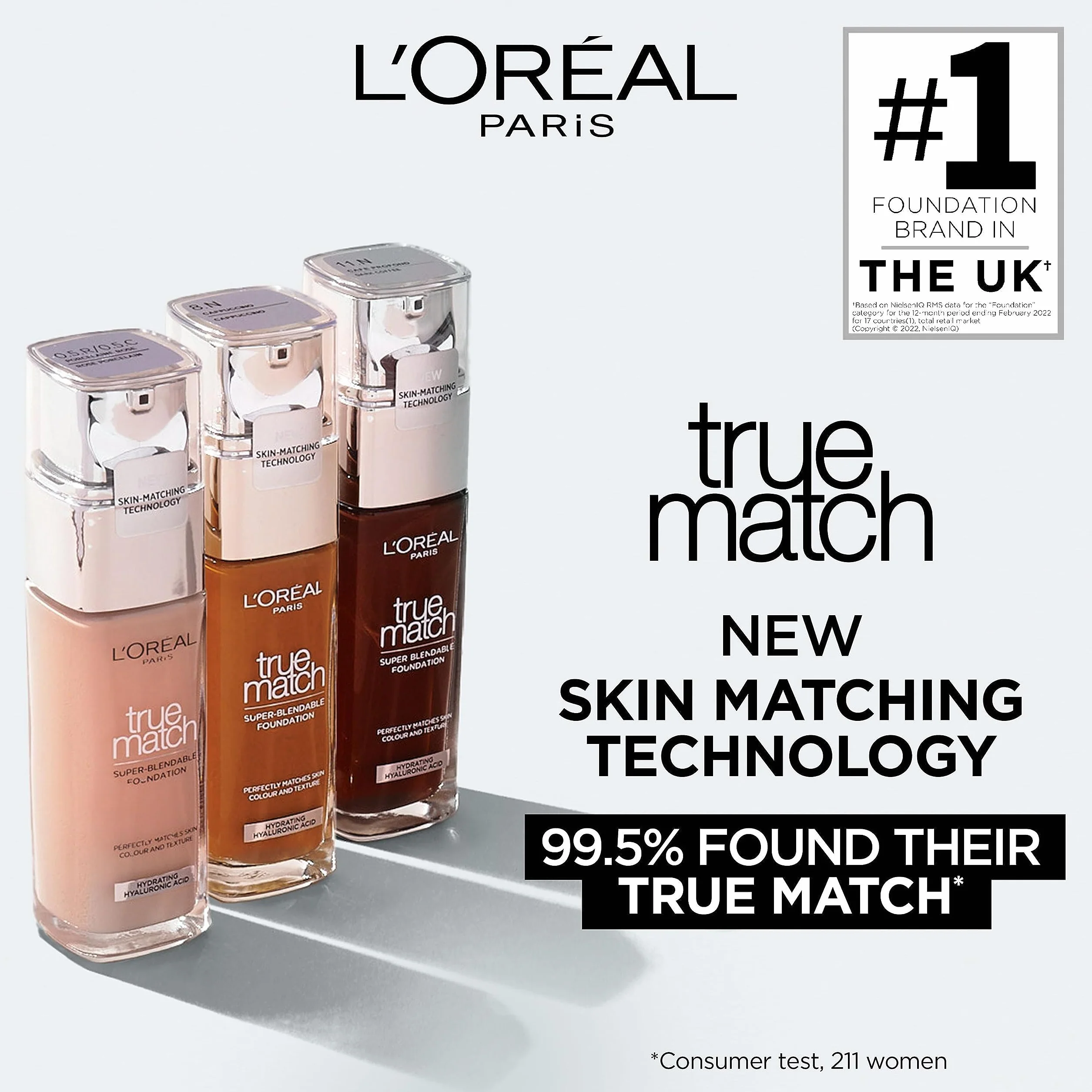 L'Oréal Paris True Match trwały podkład do twarzy w płynie, pielęgnujący z kwasem hialuronowym, SPF 17, 0.5 N Porcelain, 30 ml