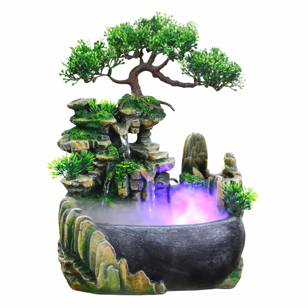 Fontanna na biurko, wewnętrzna fontanna na biurko Wodospad LED Fontanna na biurko ze zmianą koloru do dekoracji biurka Symulacja Rockery Humidifier Decor (EU 220V)
