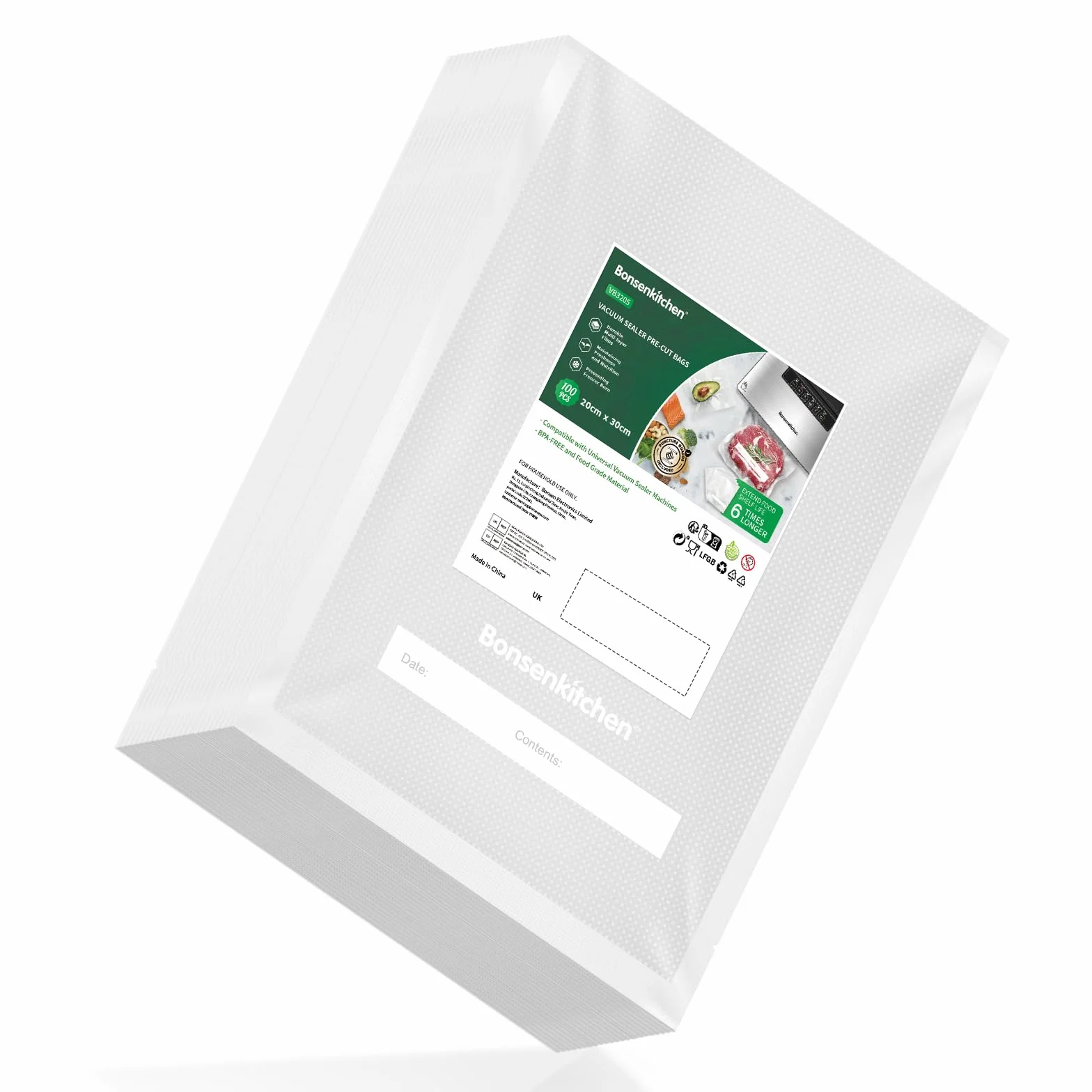 Bonsenkitchen Profesjonalne Worki Próżniowe, do Wszystkich Zgrzewarek Próżniowych, bez BPA, Odporne na Gotowanie, Worki do Zamrażania, do Sous Vide, 20 x 30 cm, 100 Worków