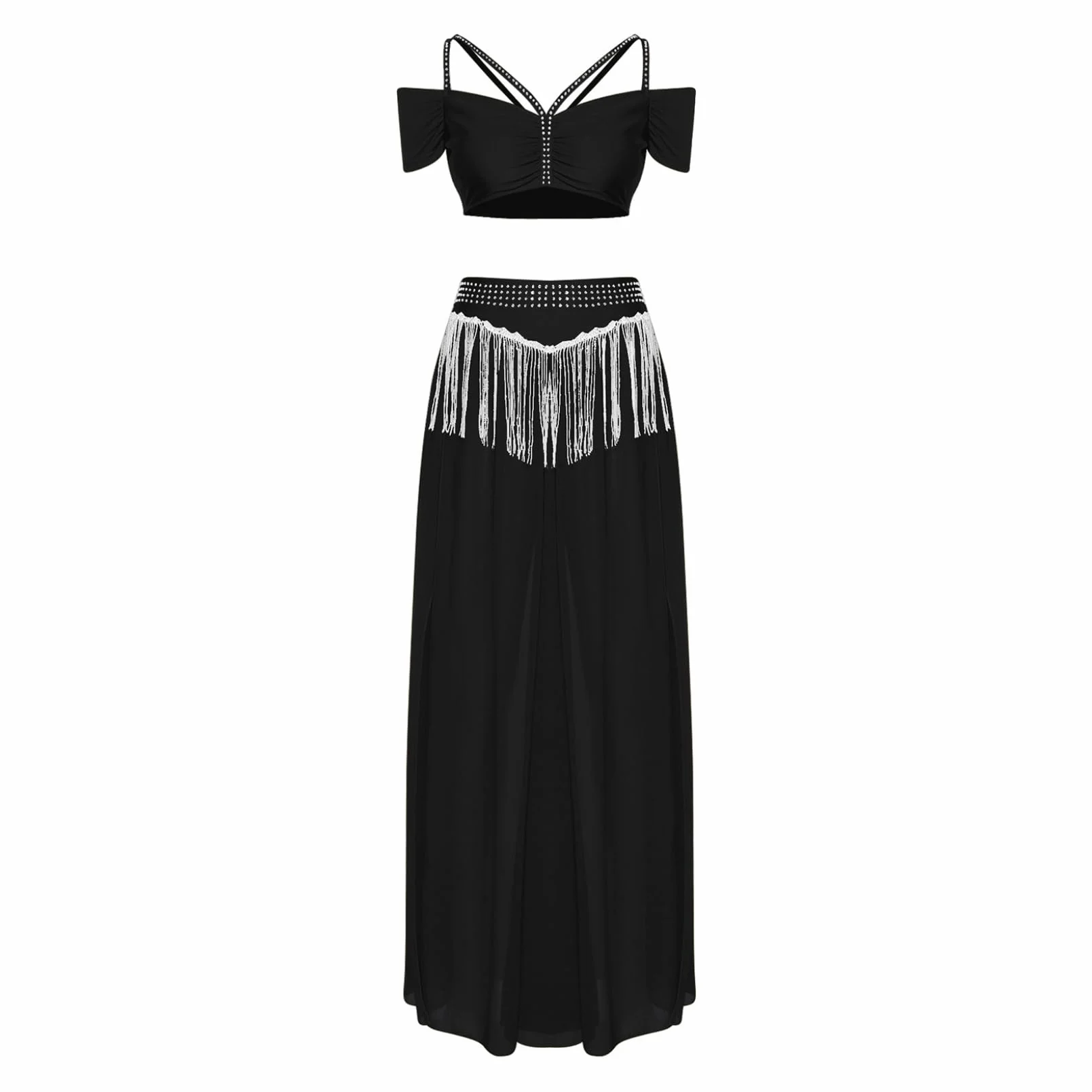 Damski częściowy strój do tańca brzucha Cold Shoulder Crop Top z frędzlami spódnica z wysokim rozcięciem