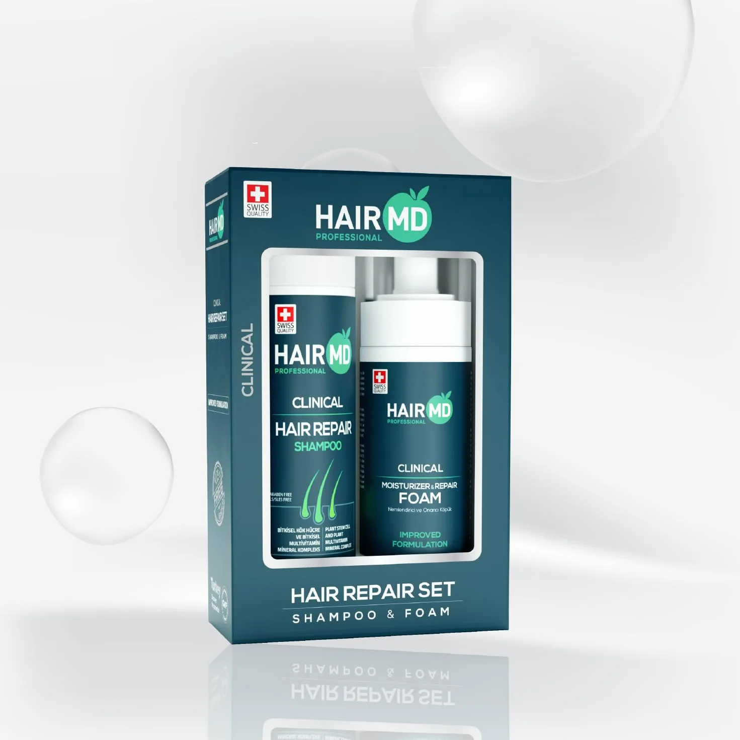 HairMD Zestaw szamponów i pianki na porost włosów z szamponem regenerującym 250 ml i pianką naprawczą 150 ml – bogaty w biotynę, keratynę, palmetto, odpowiedni do wszystkich rodzajów włosów