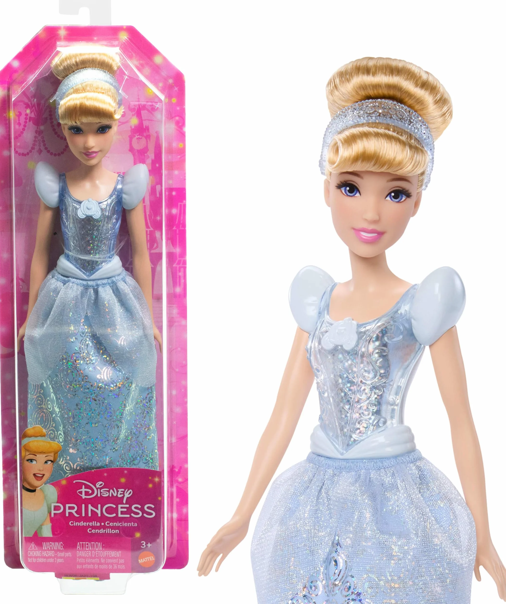 Mattel Księżniczka Disneya Kopciuszek Lalka z punktami zgięcia, błyszczącym ubrankiem i akcesoriami inspirowanymi filmem Disneya, prezent dla dzieci HLW06