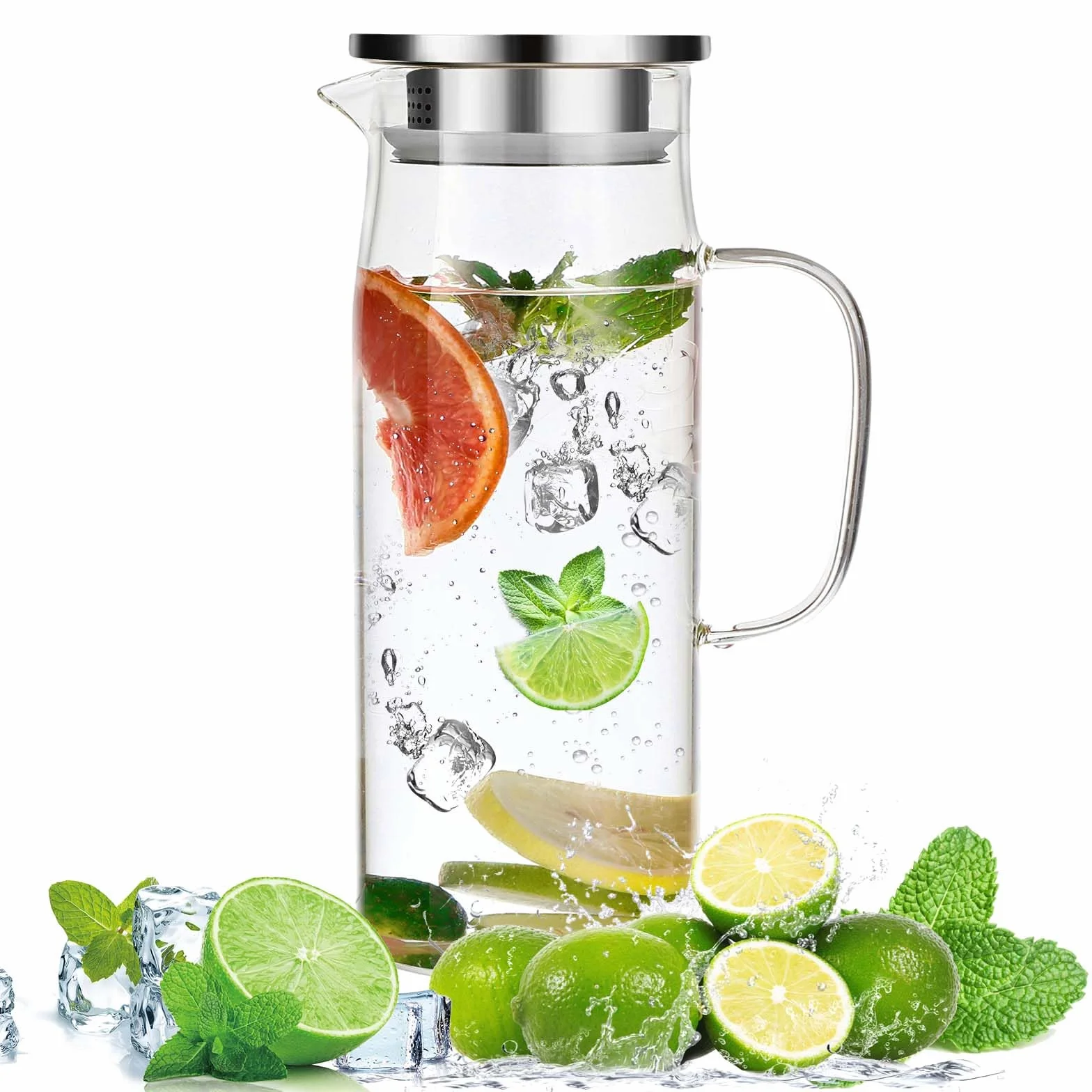 Litimkat Szklana karafka na wodę, 1,5 l, odporna na wysokie temperatury, dzbanek na wodę z zamkniętą pokrywką, do gorącej/zimnej wody, wina, mrożonej herbaty i napojów sokowych