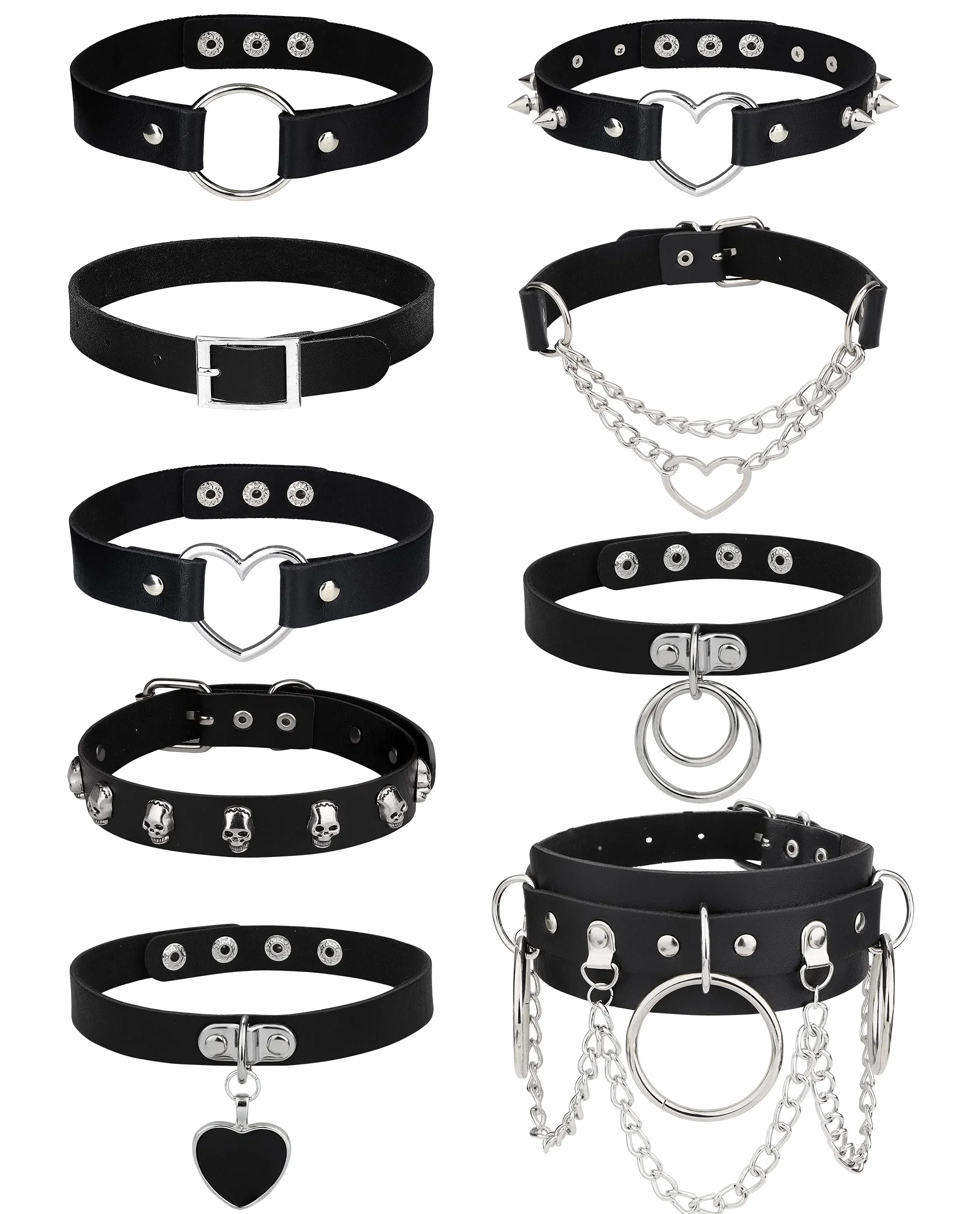 JeweBella naszyjnik typu choker dla kobiet i mężczyzn, ze skóry PU, naszyjnik punkowy, czarny, choker, kolce, skórzany rzemyk, regulowany naszyjnik, 9 szt.