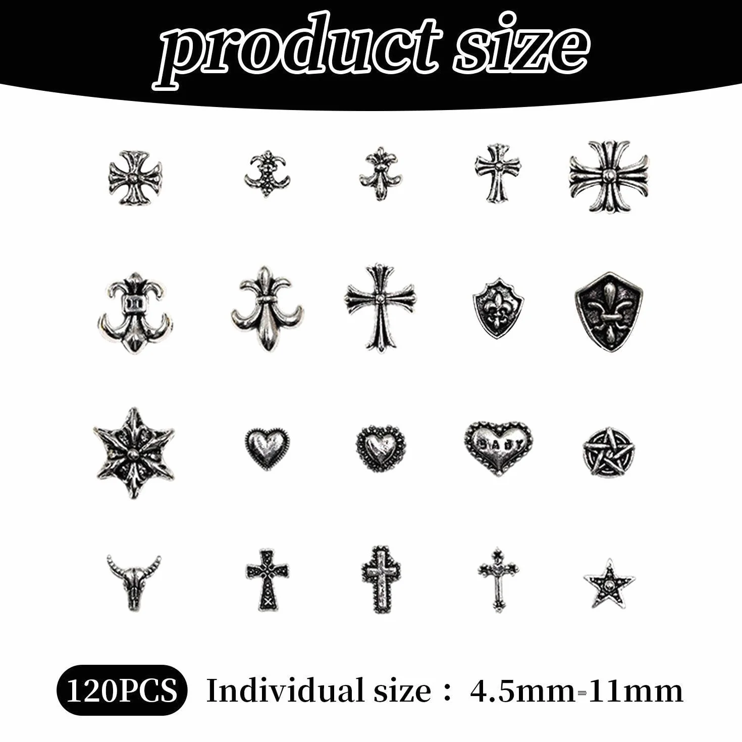 120 sztuk retro biżuteria do zdobienia paznokci, metalowa biżuteria do zdobienia paznokci Punk, akcesoria do zdobienia paznokci, biżuteria do paznokci z krzyżem, dekoracja do paznokci DIY (styl