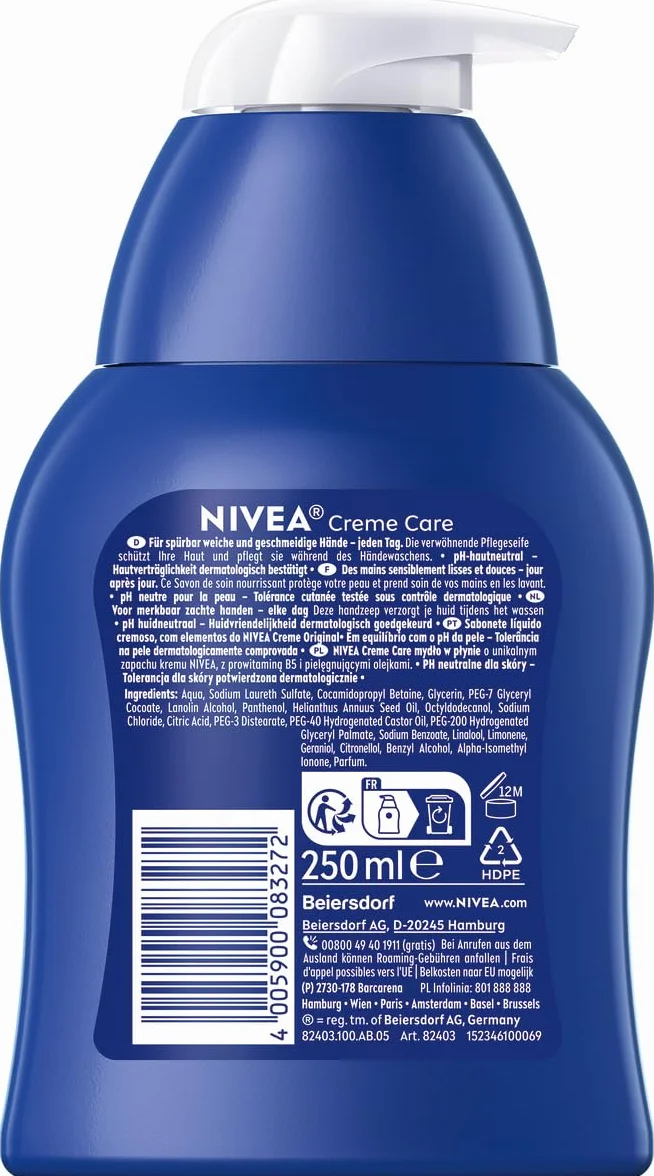 NIVEA Creme Care mydło w kremie w 1 opakowaniu (1 x 250 ml), mydło do rąk z zapachem i składnikami NIVEA CREME, łagodne mydło z delikatną pianką