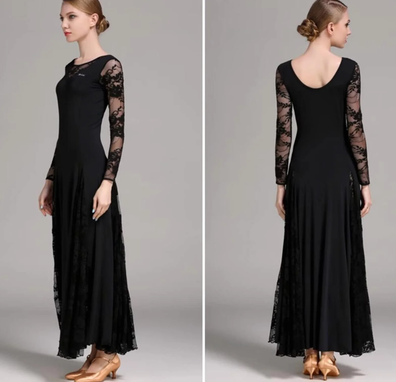 Damskie Sukienka do tańca towarzyskiego Koronka Nowoczesny Walc Tango Taniec Ubrania Długi rękaw Spektakl Foxtrot Dance Dress Konkurs tańca towarzyskiego Sukienki,Black,M