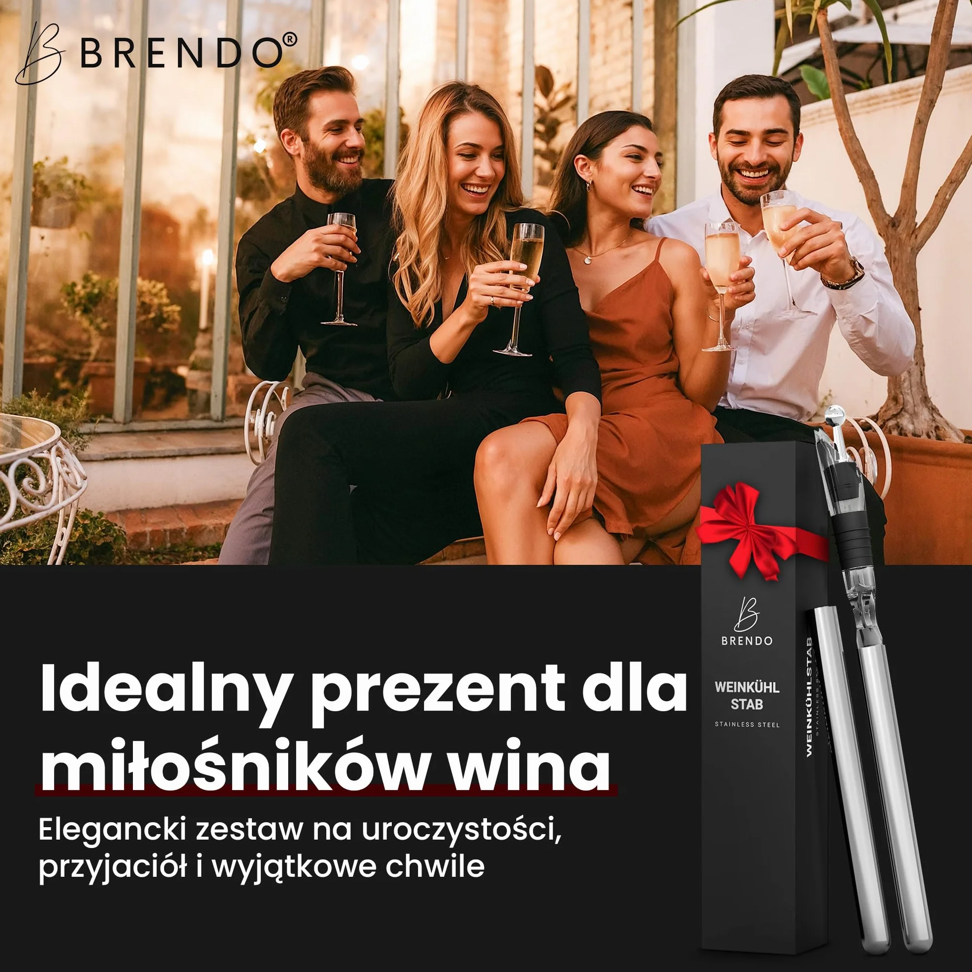 Brendo Chłodziarka do wina 4w1 – Pręt chłodzący ze stali nierdzewnej | Chłodzenie butelek z 2 długościami prętów + nalewak do wina + dekanter + korek | Zestaw prezentowy do wina dla mężczyzn i kobiet