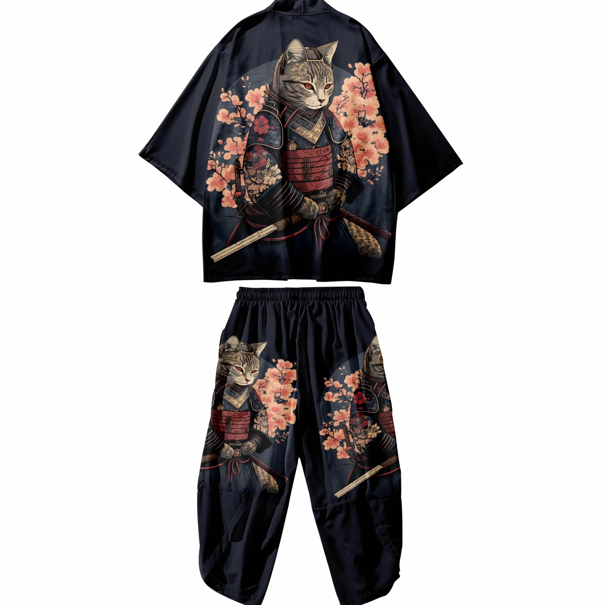 DOSLAVIDA Japoński zestaw kurtek kimono dla mężczyzn, stylowy otwarty płaszcz przedni ze szortami, chiński styl, kurtka z dzianiny z nadrukiem