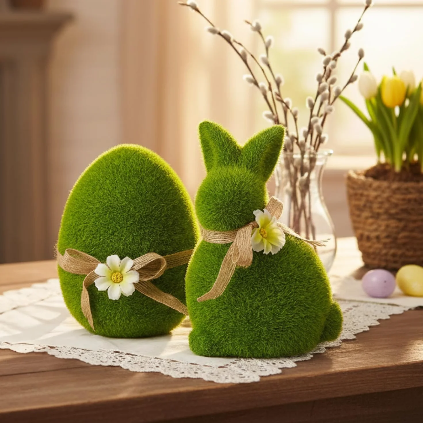 com-four® 2x figurki dekoracyjne zajac i jajko z kokarda i kwiatami, zielone ozdoby ceramiczne z sztuczna trawa na wiosne i Wielkanoc (2x Królik/Jajko 17/15cm)