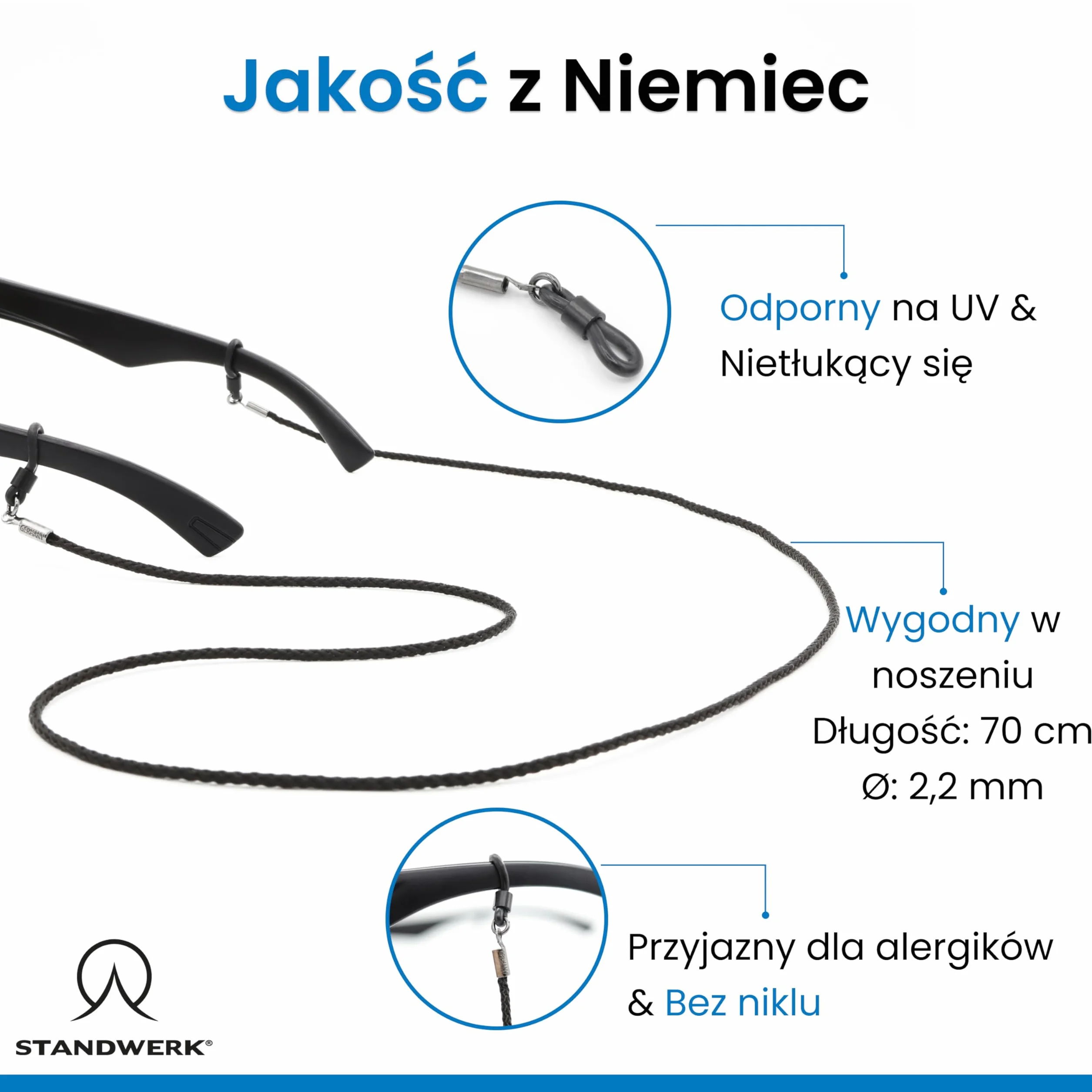 STANDWERK® Pasek do okularów męski [Made in Germany] odporna na promieniowanie UV guma do okularów i materiałowe tasiemki do okularów - wysokiej jakości pasek do okularów - nie zawiera niklu - pasek