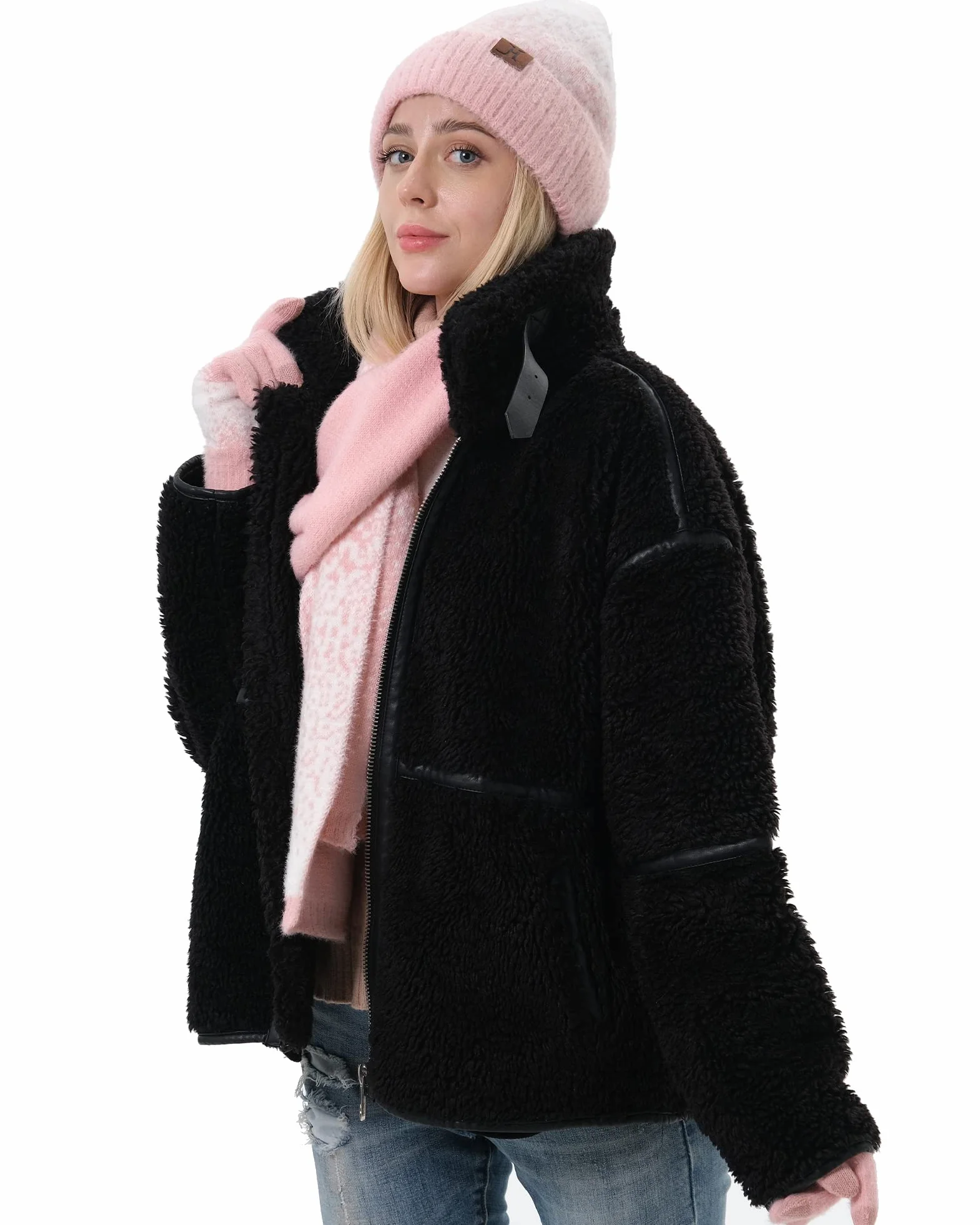Bequemer Laden Damska zimowa czapka beanie, rękawiczki i szalik z podszewką polarową, ciepła czapka zimowa, rękawiczki zimowe, długi szal, różowy biały, jeden rozmiar
