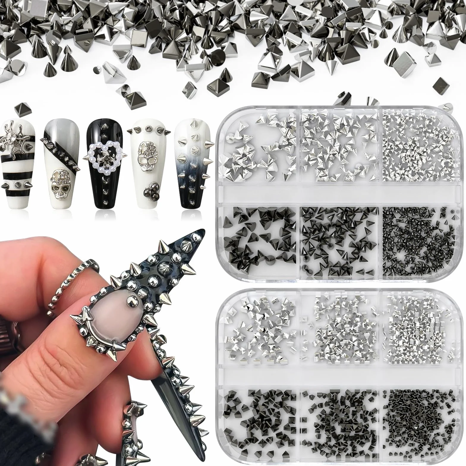 12 pudełek gotyckich zawieszek do paznokci, mini kolce do paznokci, punkowe ćwieki, styl wiktoriański i Halloween, manicure, dekoracje do paznokci, płaskie, metaliczne kolce 3D