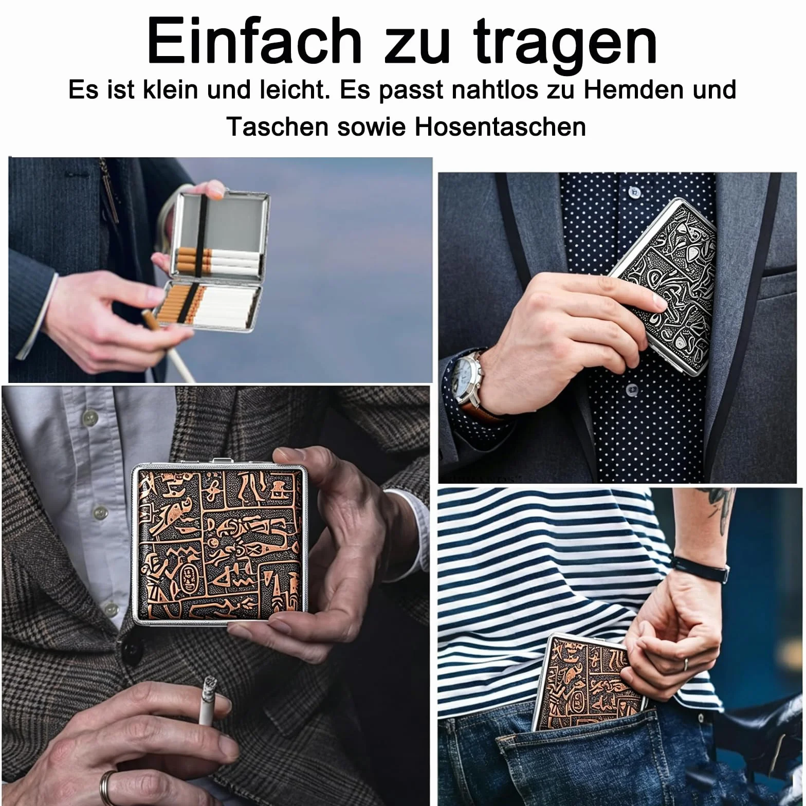Papierośnica ze skóry metalowej, 2 sztuki papierośnic z poliuretanu (PU) na 20 papierosów, ze stali nierdzewnej, 9,5 x 9,8 x 1,8 cm, do kieszeni spodni i koszulek (kolor srebrny i złoty)