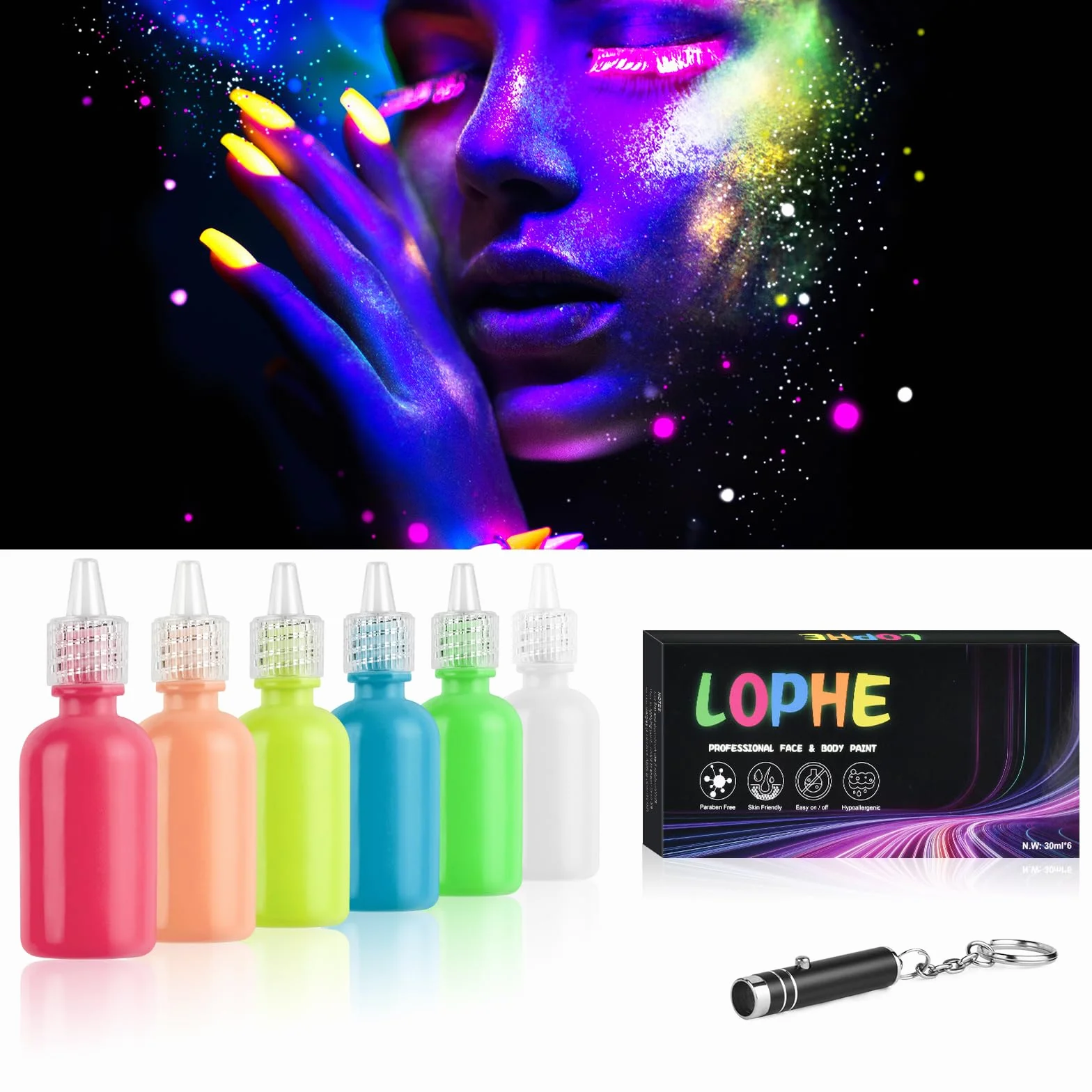 LOPHE Zestaw farb fluorescencyjnych, 6 x 30 ml, obraz z blaskiem UV, kolorowy neonowy zestaw do twarzy i ciała, Halloween, Boże Narodzenie, A