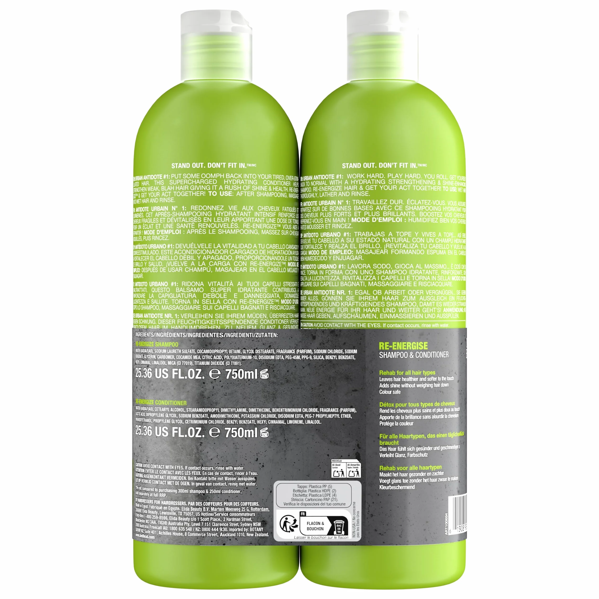 BED HEAD by TIGI Tigi Bed Head Urban Antidotes Re-Energise, Szampon i Odżywka, do Codziennego Stosowania, 2 x 750 ml