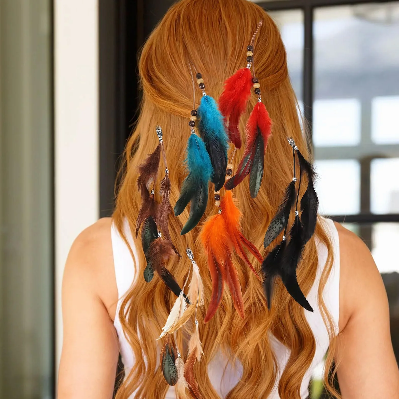 SSKHE Klips do włosów z piórami, boho, akcesoria DIY, ręcznie robione przedłużanie włosów, pióra, hipisowska spinka do włosów, nakrycie głowy dla kobiet, dziewcząt, ręcznie robiona spinka do włosów