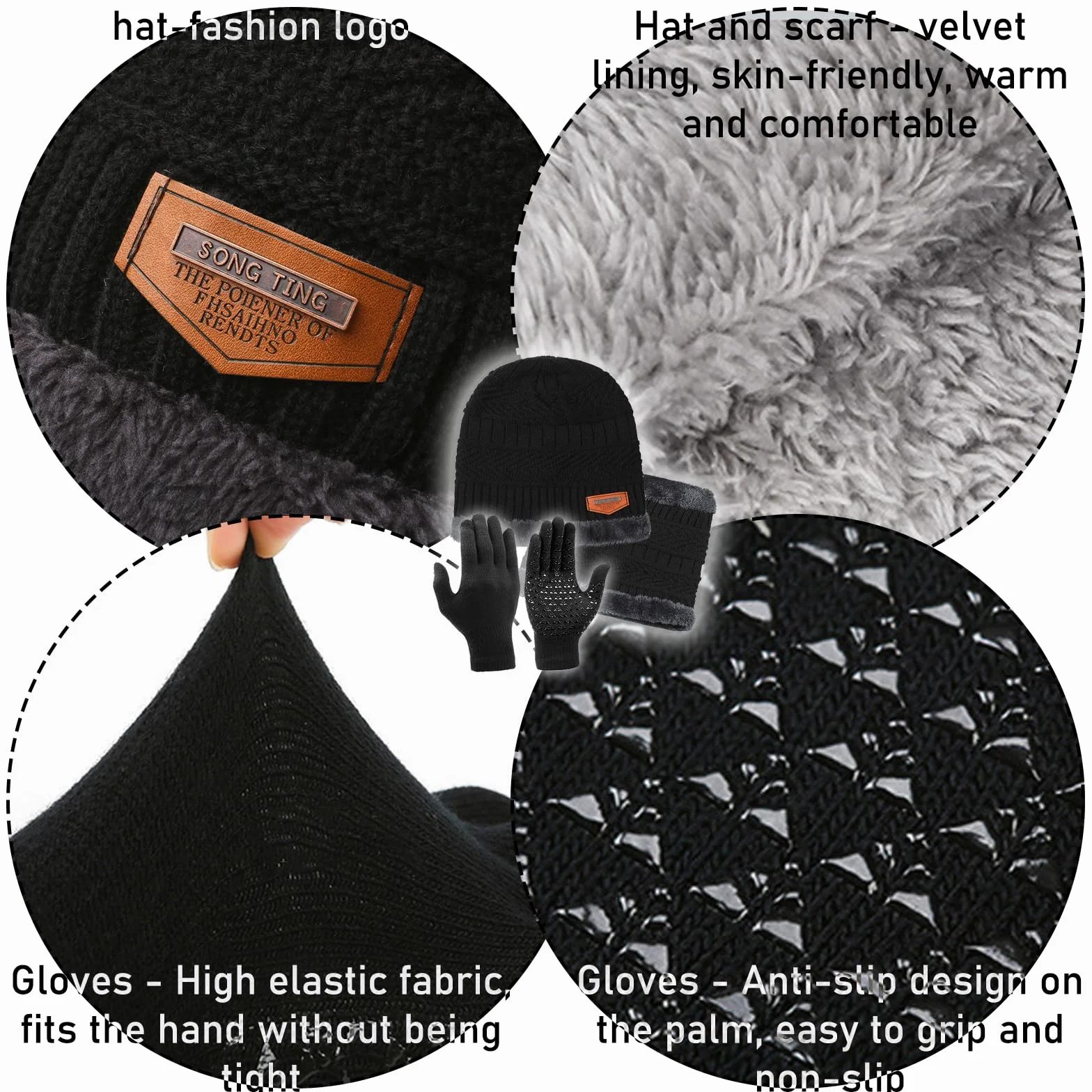TYXHXTF Czapka zimowa szalik rękawiczki ciepłe 3 w 1 zestaw, dzianinowa czapka beanie, okrągły szalik i antypoślizgowa rękawica do ekranu dotykowego, miękka rozciągliwość, do sportów na świeżym