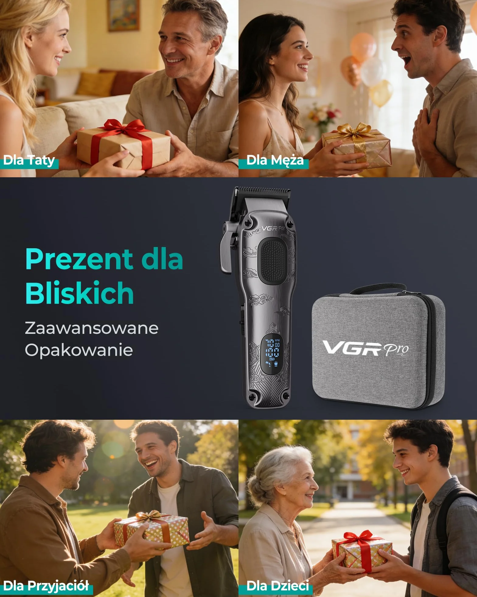 VGRPRO Maszynka do Strzyżenia Włosów dla Mężczyzn, akumulatorowa bezprzewodowa, z etui, LED, szary