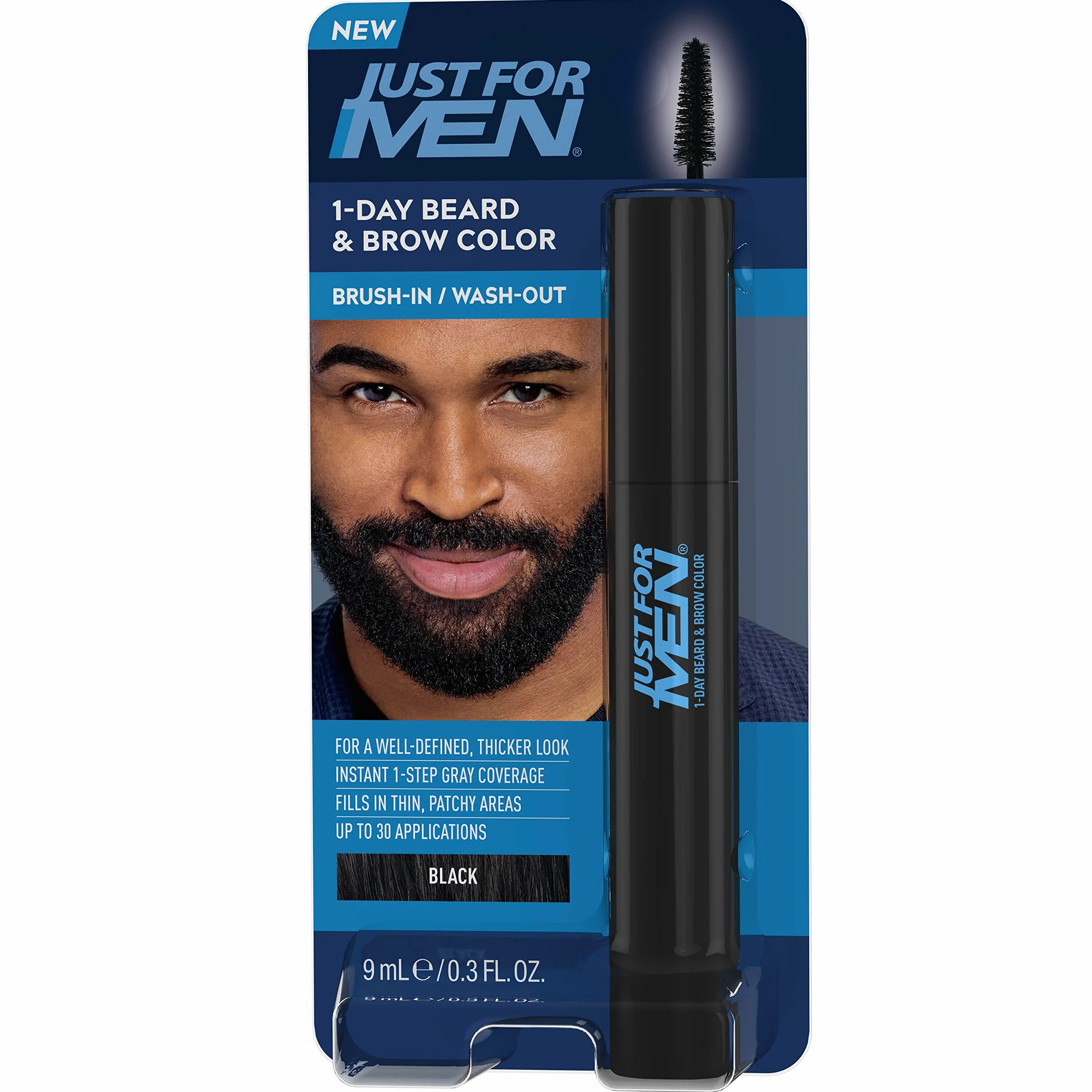 Just For Men Pędzel do brwi i brwi w ciągu 1 dnia do natychmiastowego zakrycia siwych włosów, pędzel, mycie, dla grubszego i dobrze zdefiniowanego wyglądu, prawdziwa czerń