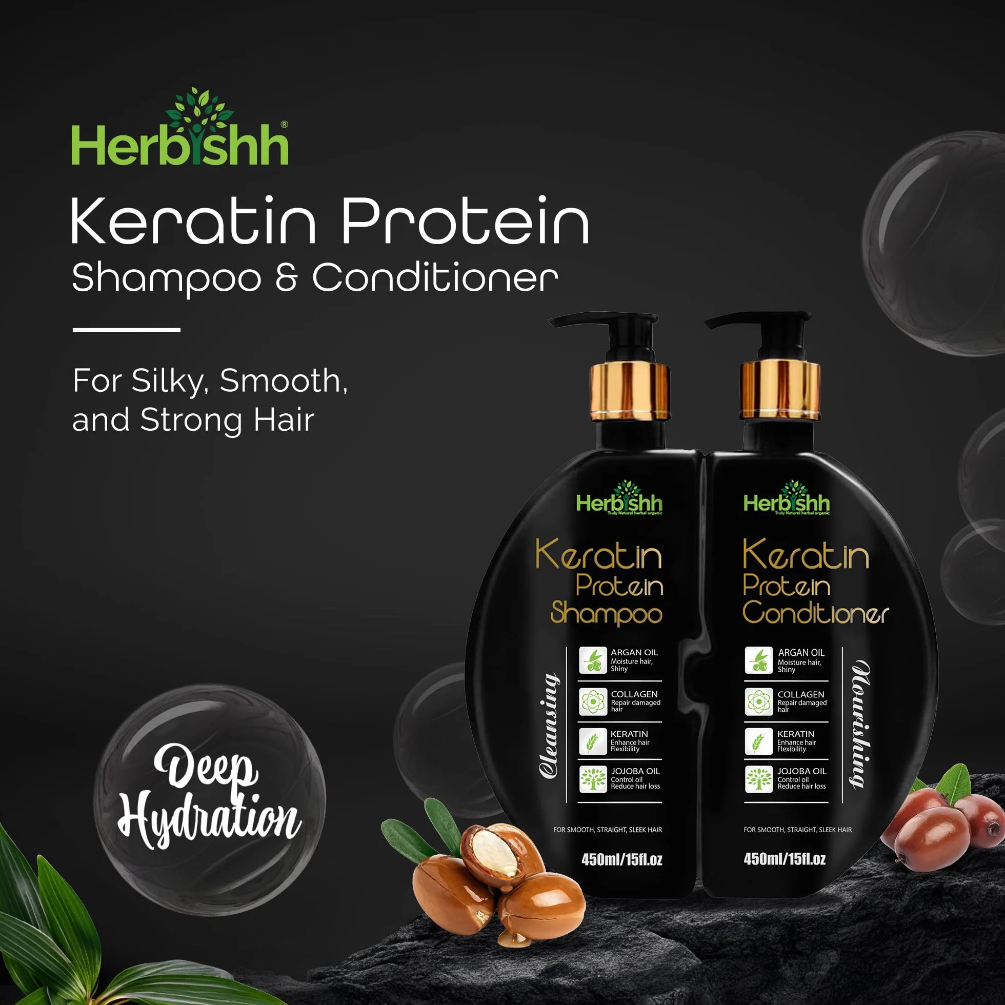 Herbishh Keratin Shampoo and Conditioner Set – Hydrating Keratin Shampoo & Nourishing Conditioner for Dry Damaged Hair – Sulfate Free – Plant Based Keratin Shampoo Conditioner – Safe & Effective