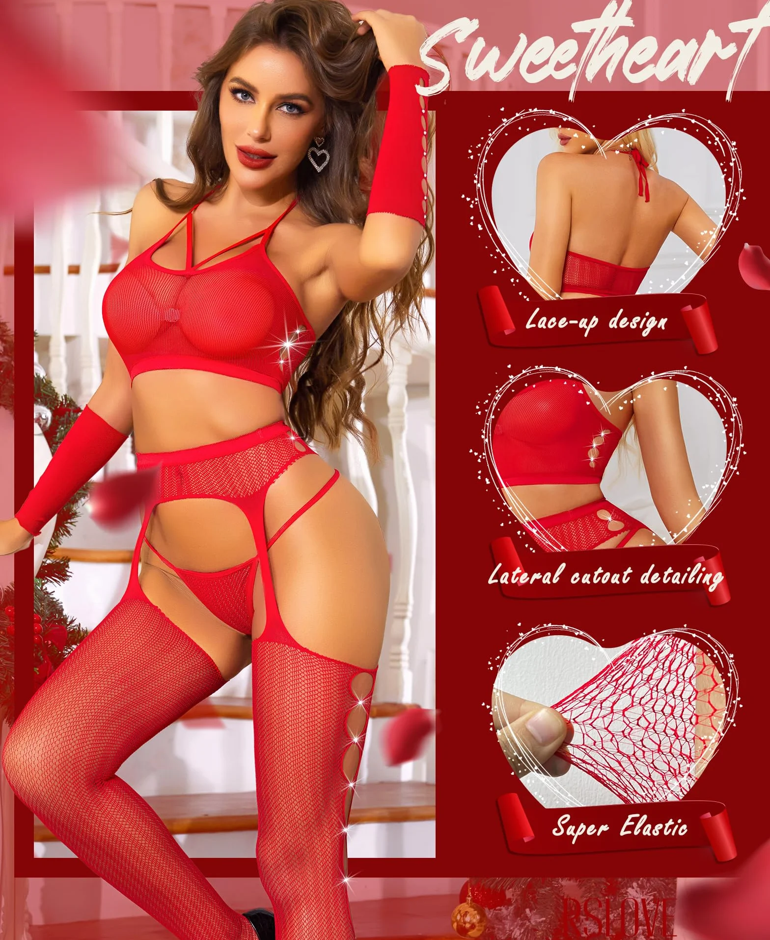 RSLOVE Seksowna bielizna kabaretki bodystocking - stroje damskie 4-częściowy zestaw bielizny z rękawiczkami i rajstopami