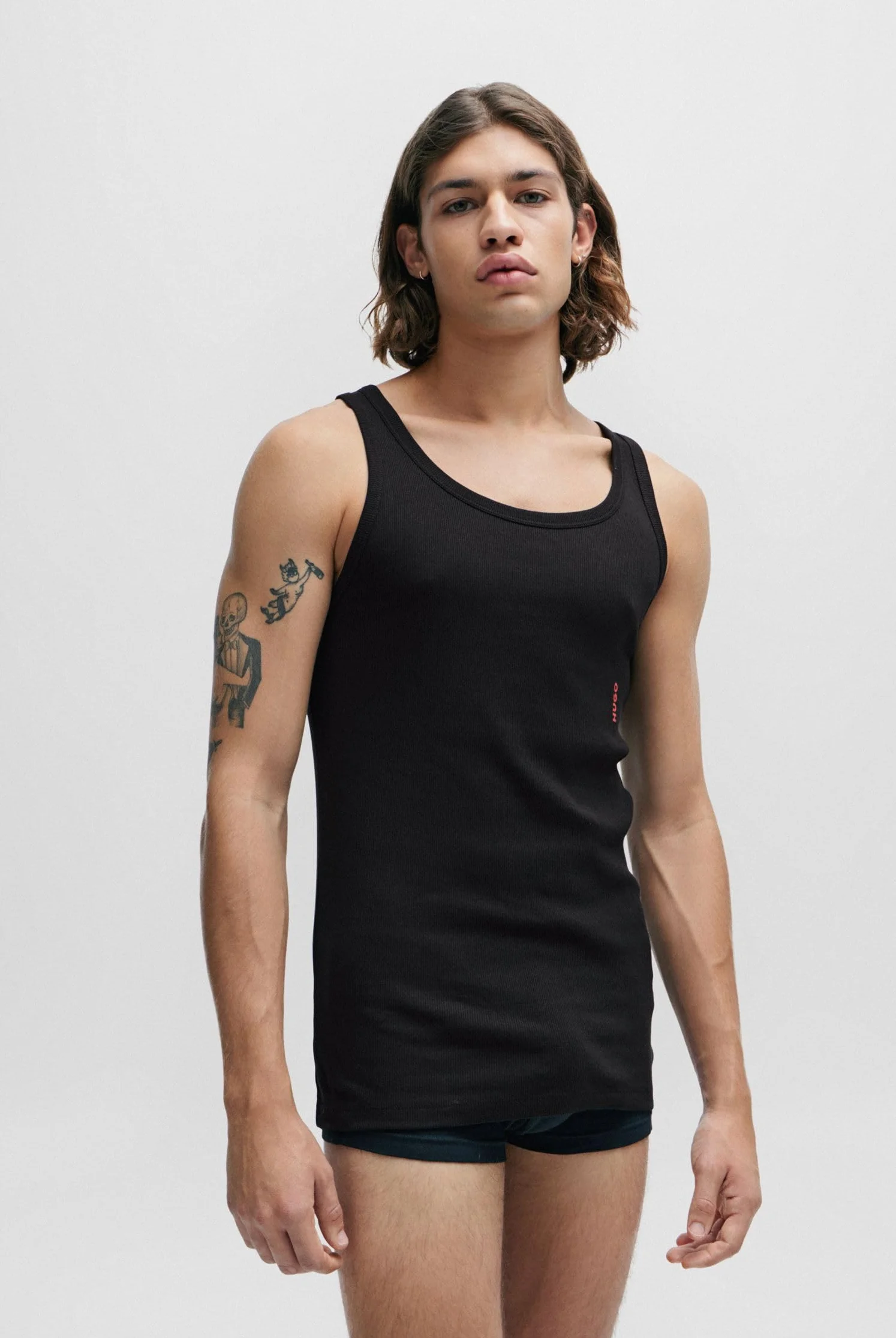 HUGO Męski tank top dwupak dwupak rozciągliwej bawełny bielizna kamizelki z logo, Nowy - czarny 1, XXL