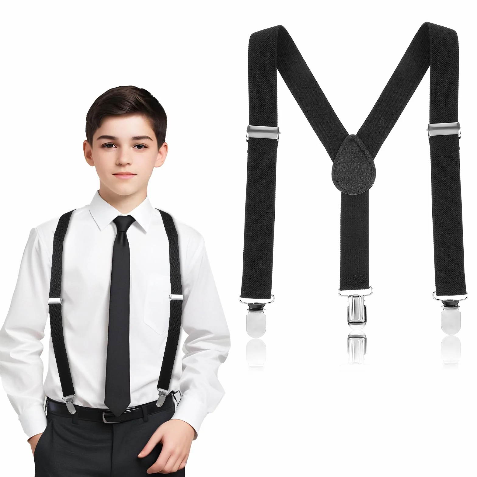 Mabor Szelki chłopięce i dziewczęce, elastyczna konstrukcja z tyłu w kształcie litery Y, regulowany rozmiar, czarny, jeden rozmiar (regulowany do 89 cm), metalowe klipsy, unisex, chłopiec, 1 szt