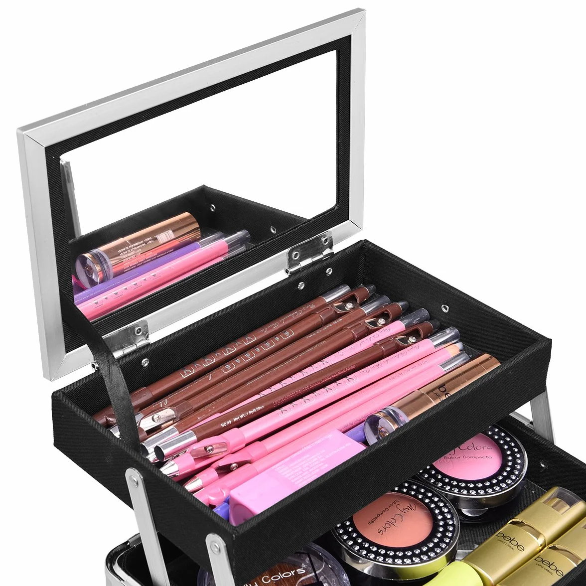 COSTWAY kuferek kosmetyczny Beauty Case, kuferek na biżuterię, walizka fryzjerska z lustrem, srebro, 23 x 15 x 18cm