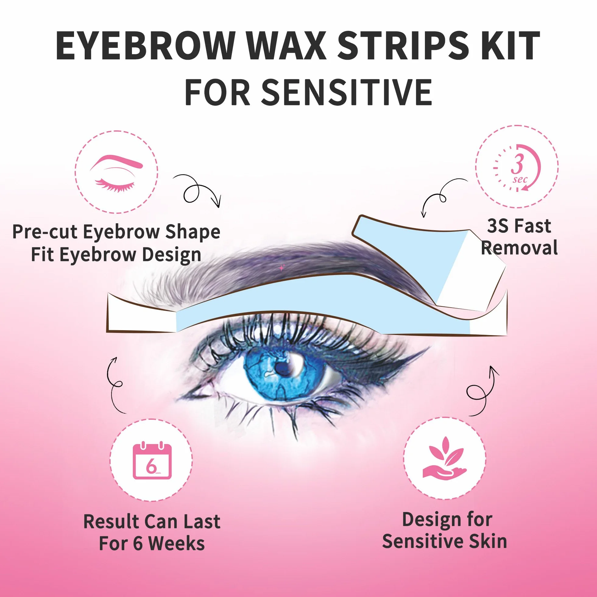 Beauty7 Opaski woskowe do depilacji brwi do skóry wrażliwej, 24 paski woskowe i 4 chusteczki z olejkiem uspokajającym do depilacji twarzy