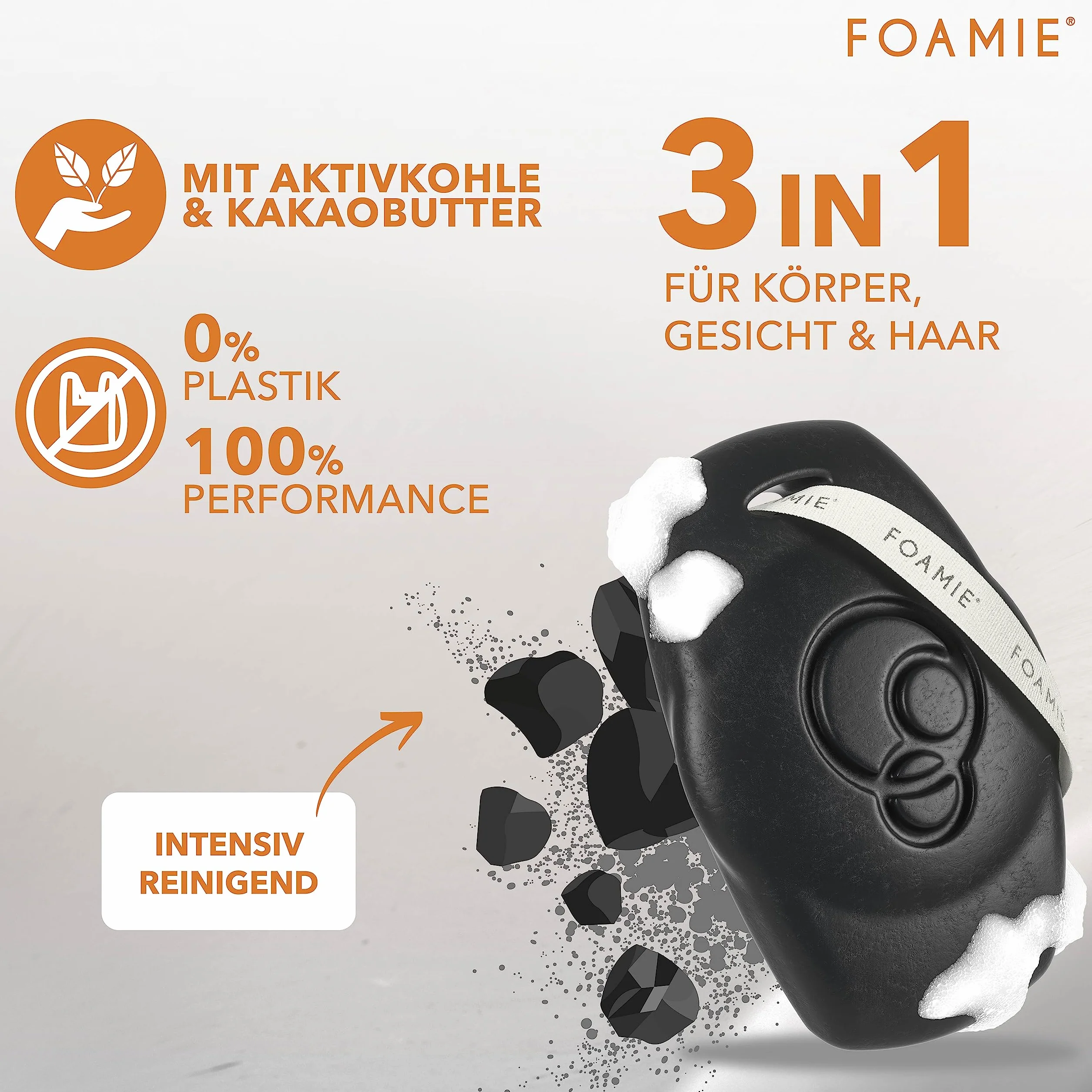 Foamie Men 3 w 1 stały żel pod prysznic i szampon, węgiel aktywny z drewna różanego – do ciała, twarzy i włosów – mocny zapach drzewny, gruntowne czyszczenie i pielęgnacja – wegański, bez plastiku i