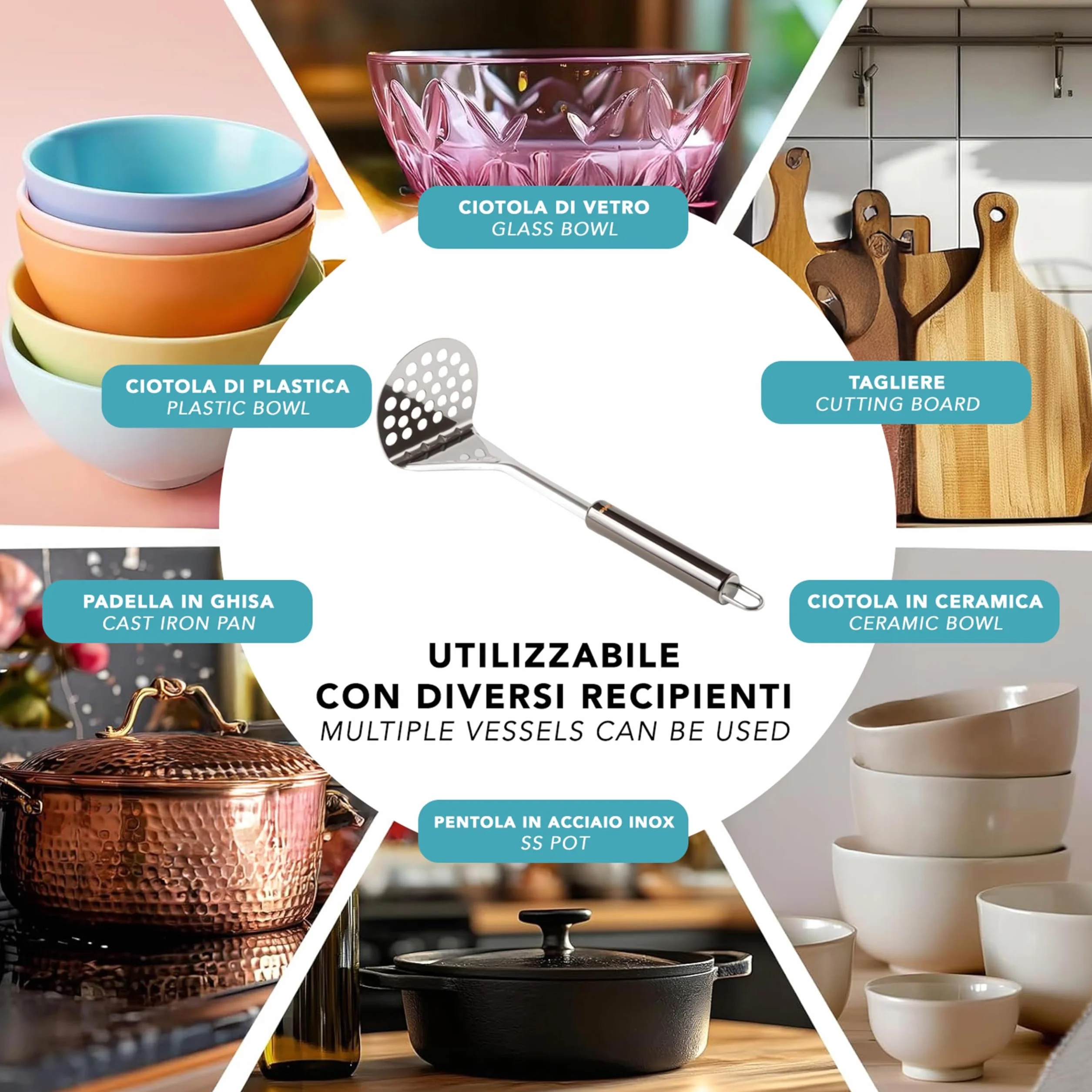 IPEA Profesjonalna praska do ziemniaków ze stali nierdzewnej do rozdrabniania ziemniaków, warzyw i owoców - Slim Design - Ergonomiczny uchwyt - Ręczne narzędzie do tłuczonych ziemniaków i prasy do