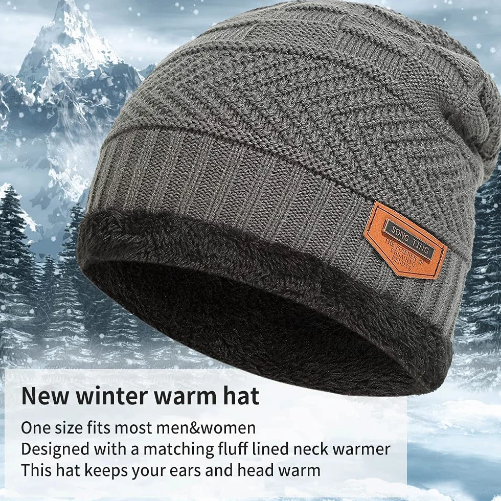 Zimowa czapka beanie, zestaw szalików, podszewka z polaru, ciepła dzianinowa czapka i ocieplacz na szyję, zimowa outdoorowa czapka narciarska i komin dla mężczyzn kobiet, szary, Rozmiar uniwersalny