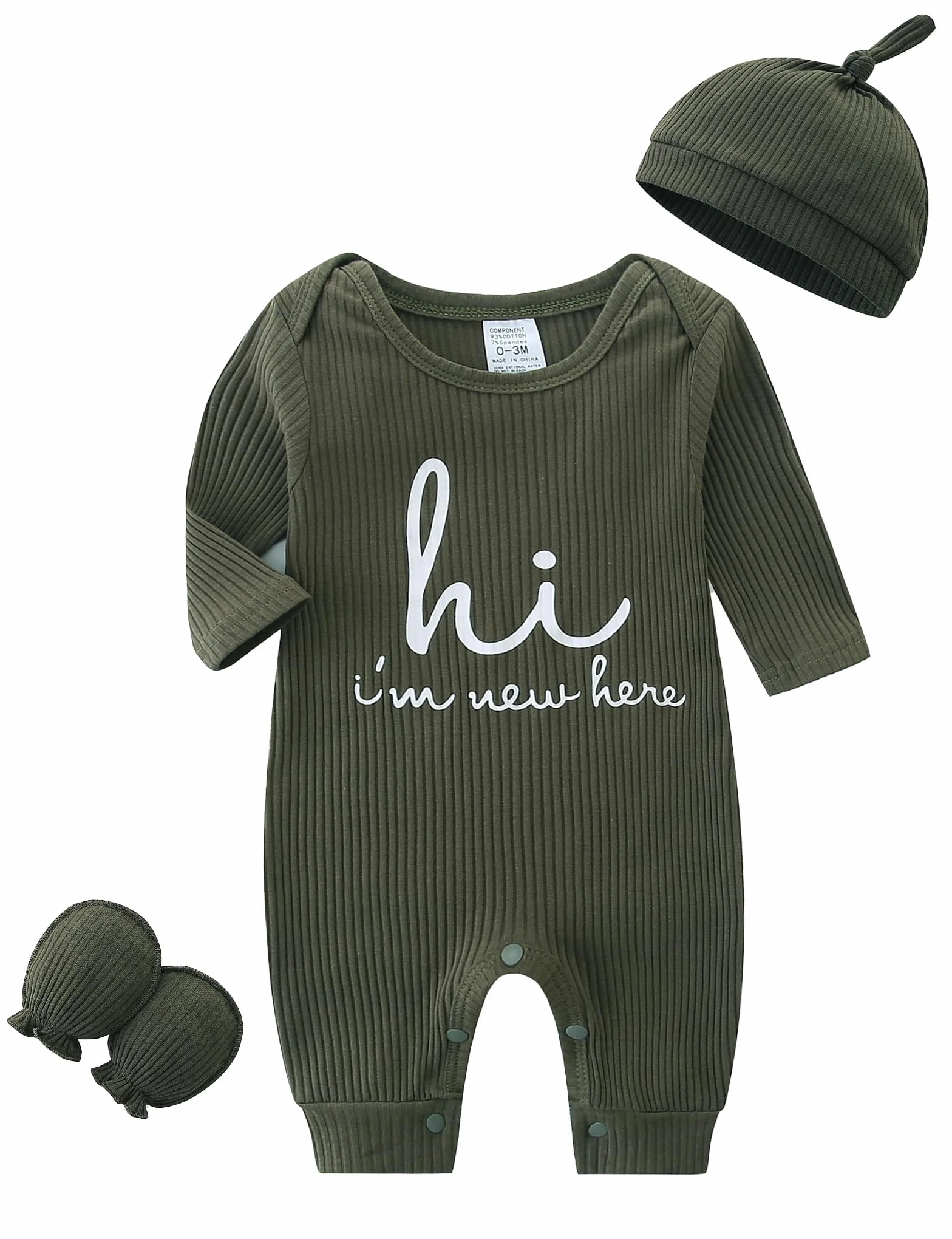Unisex noworodek onesie prążkowane śpioszki dla małych dzieci z długim rękawem Pjs Jumpsuit kapelusz i rękawiczki