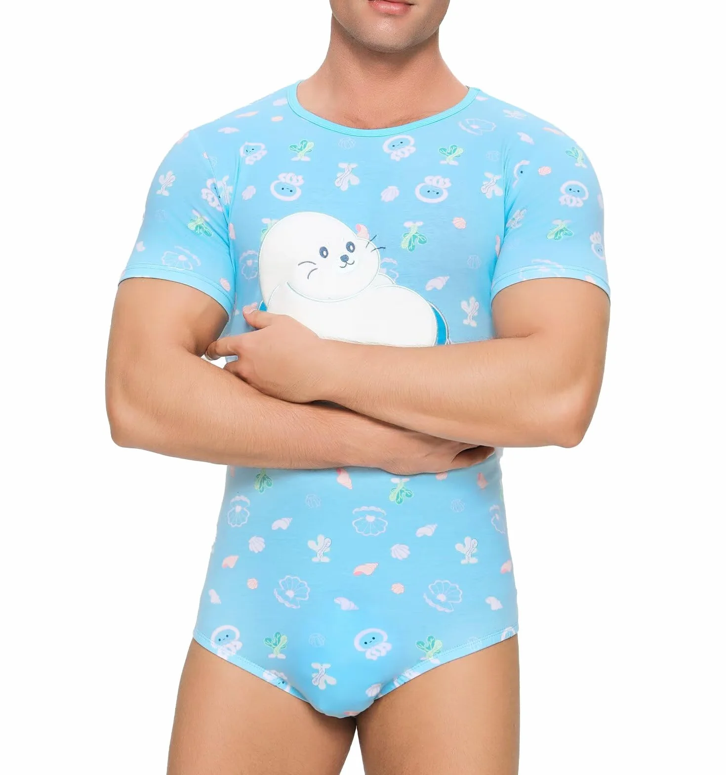 Landofgenie Męskie Onesie Bawełniane Pidżama Bodysuit Pidżama dla Mężczyzn Jednoczęściowy Romper-Sea Lions