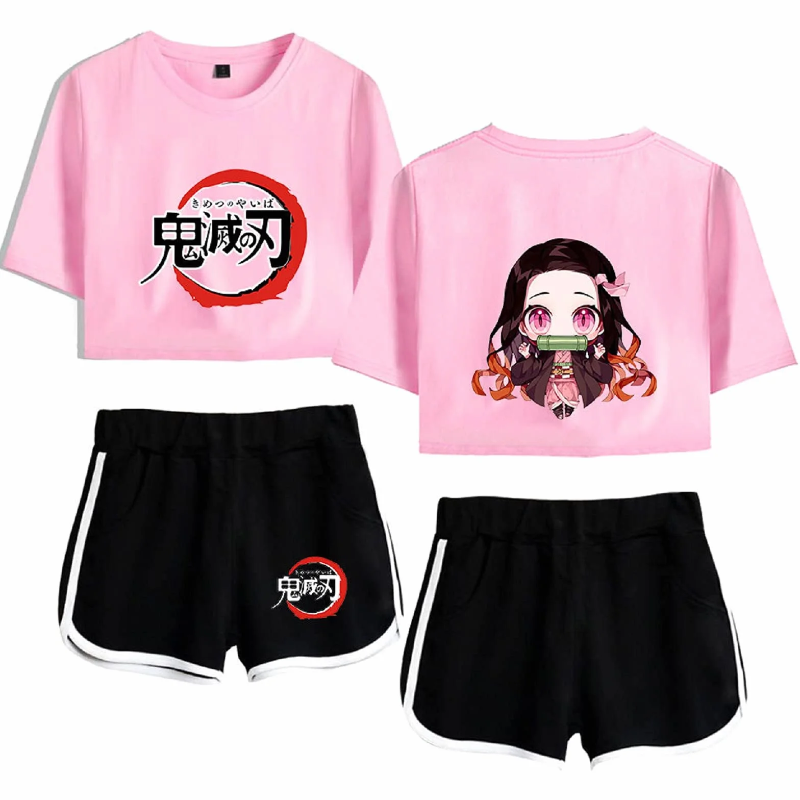 Damski strój Anime Crop Top i spodenki 2 sztuki, strój Kamadado, Nezuko, na lato, koszulki z krótkim rękawem + krótkie spodnie, zestaw piżamowy, strój treningowy