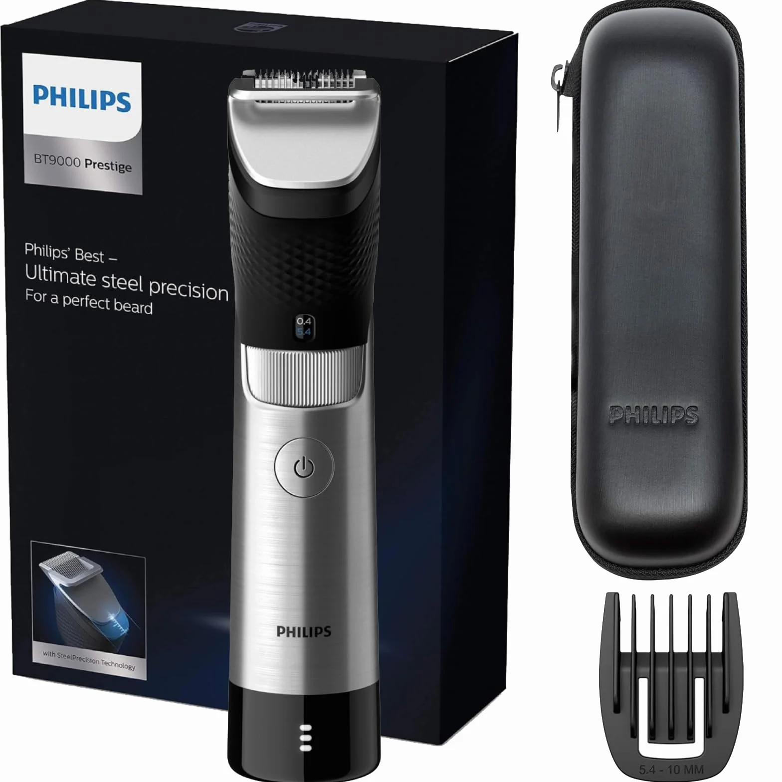 Philips Trymer do brody Philips Series 9000 Prestige z technologią SteelPrecision, 3-stopniowym wskaźnikiem naładowania baterii, czasem pracy do 120 minut / czasem ładowania 1 godzina, model BT9810/15