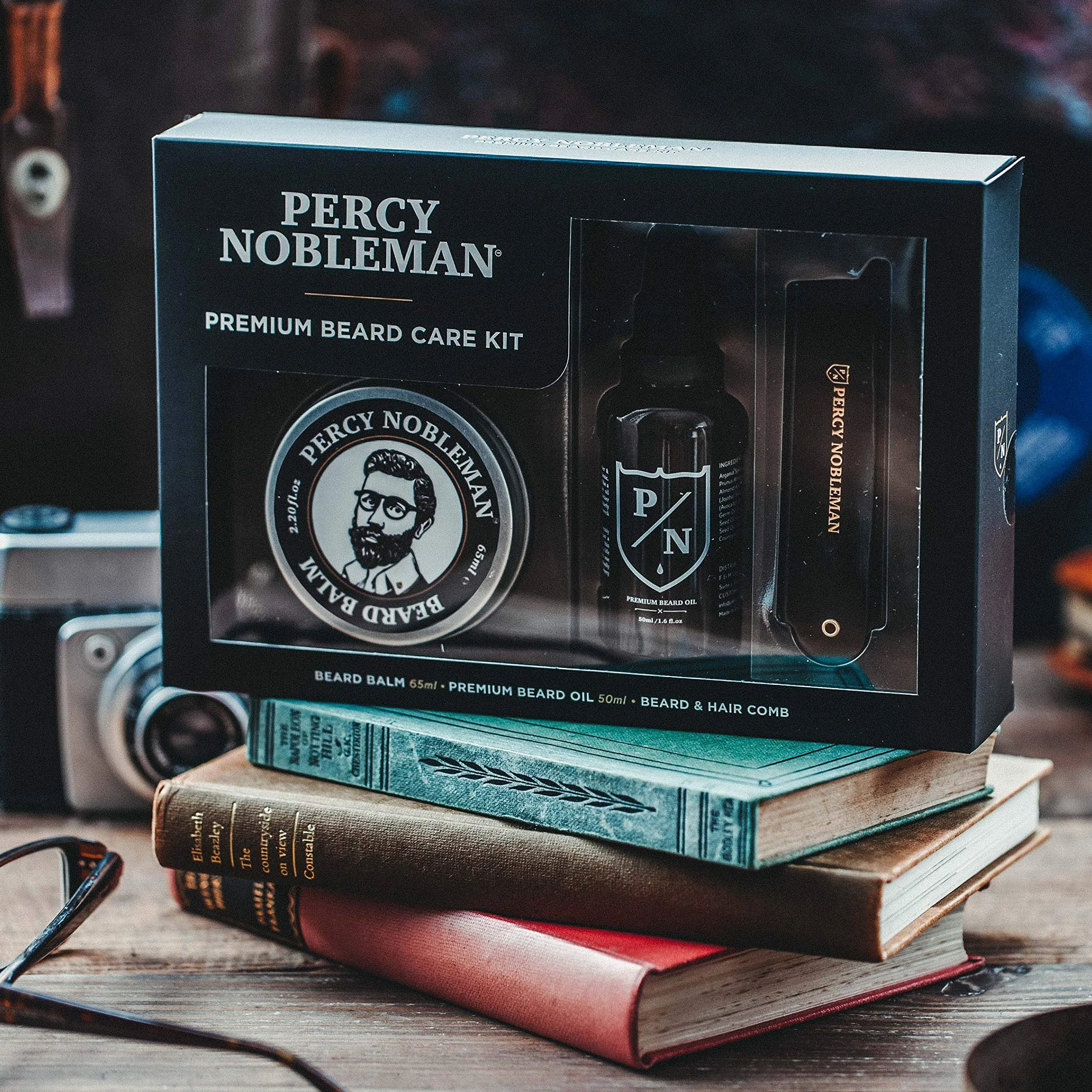 Zestaw do pielęgnacji brody Premium Percy Nobleman, zestaw do pielęgnacji brody z limitowanej edycji, zawierający olejek do brody, balsam do brody i składany grzebień