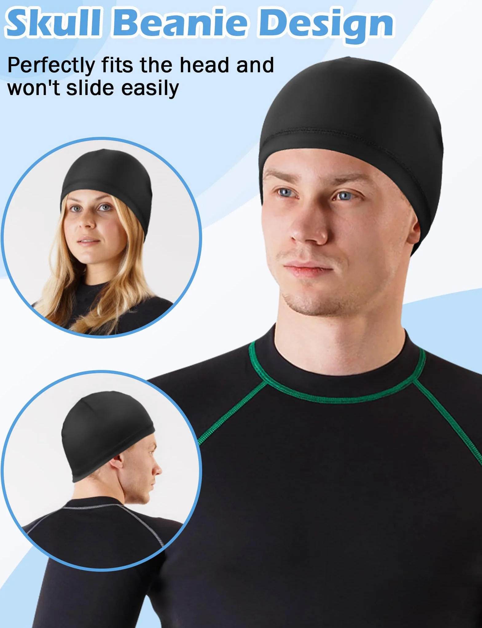 MELLIEX zestaw 3 sztuk czapek skull cap beanie, czapka do biegania odprowadzająca wilgoć, podszewka kasku, ochrona przed promieniowaniem UV, sportowe czapki letnie Wave, Czarny, Rozmiar uniwersalny