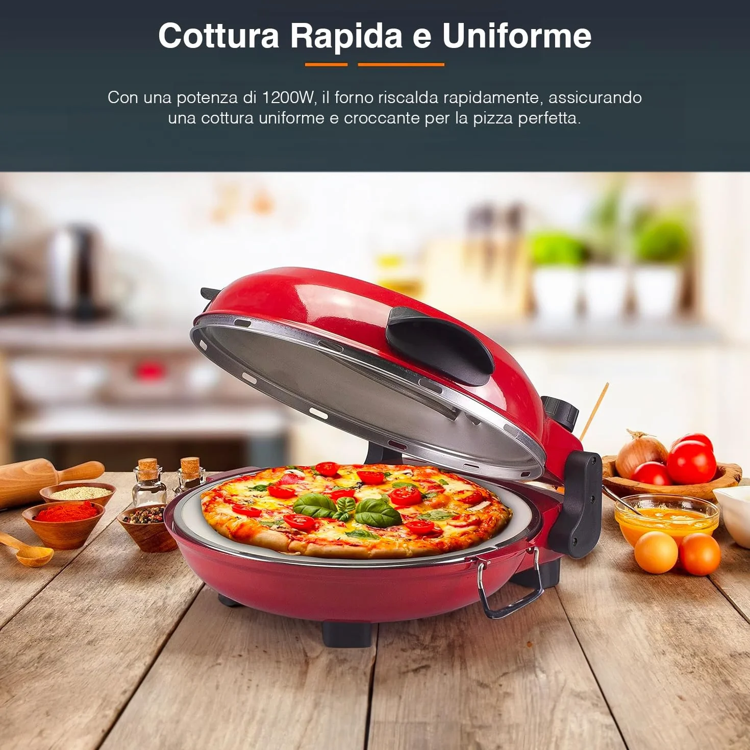 Przenośny elektryczny piekarnik do pizzy z regulowanym zegarem - Okrągły piec do pizzy izolowane termicznie uchwyty i zdejmowana podstawa, metalowy anty-podgrzewający, 35 x 43,5 x 18,5 cm, 1200 W,