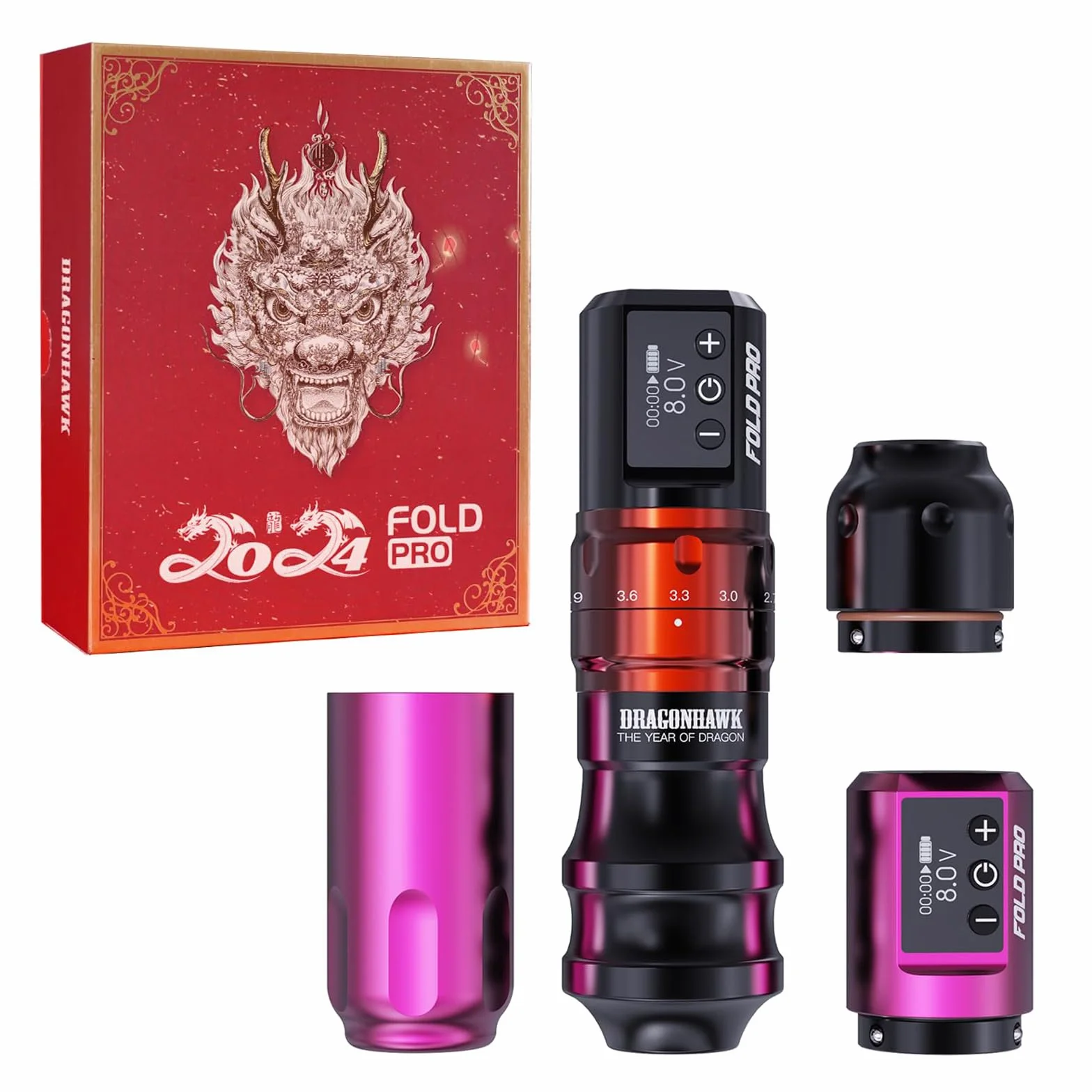 Dragonhawk Fold Pro Wireless Tattoo Pen Rotary Machine Adjust Stroke 2.4-4.2mm Year of Dragon Edition Red
