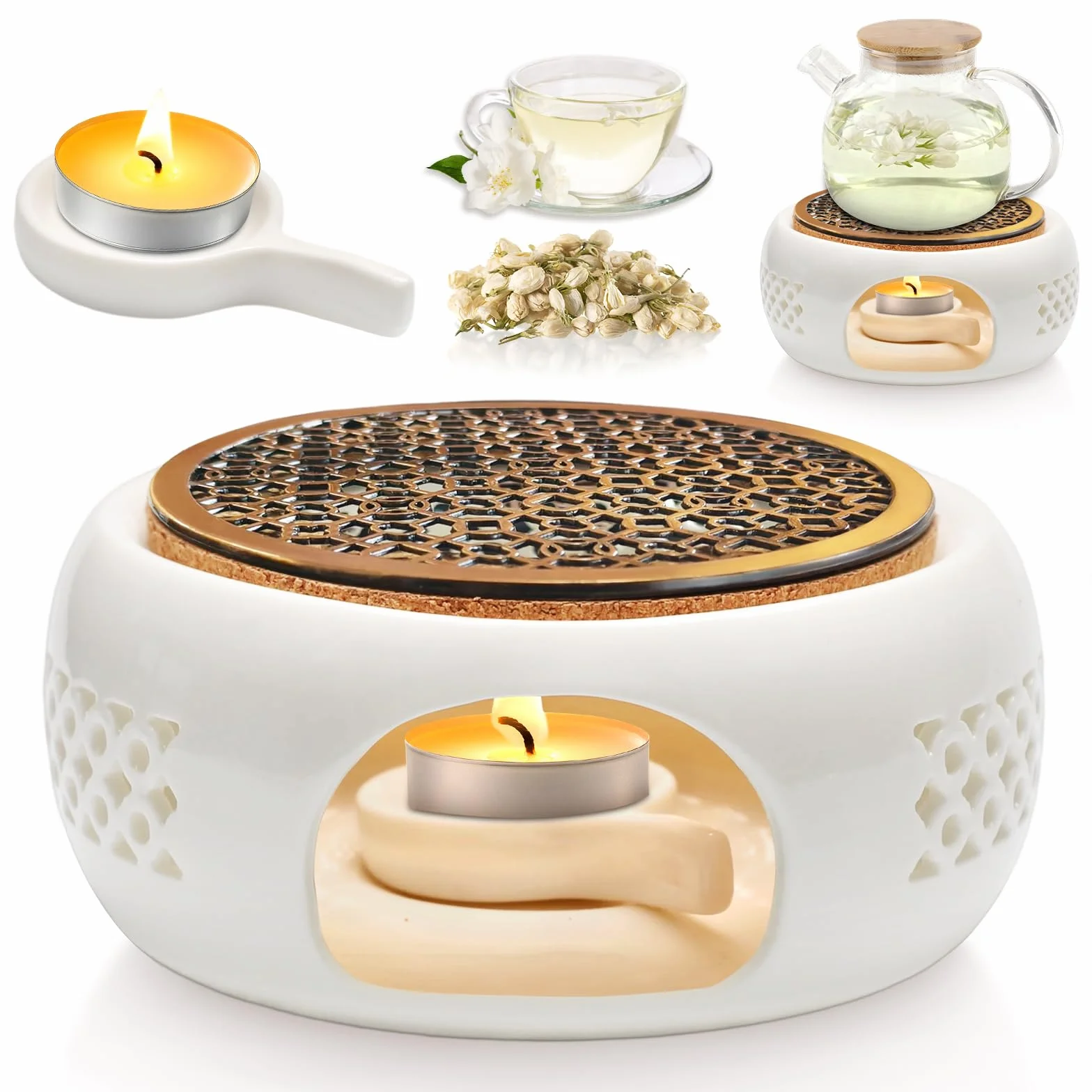 Podgrzewacz do czajnika ceramiczny, mały podgrzewacz z świecznikiem i podkładką izolacyjną, ażurowy wzór, utrzymuje ciepło herbaty/kawy/mleka Ø15 cm (biały)