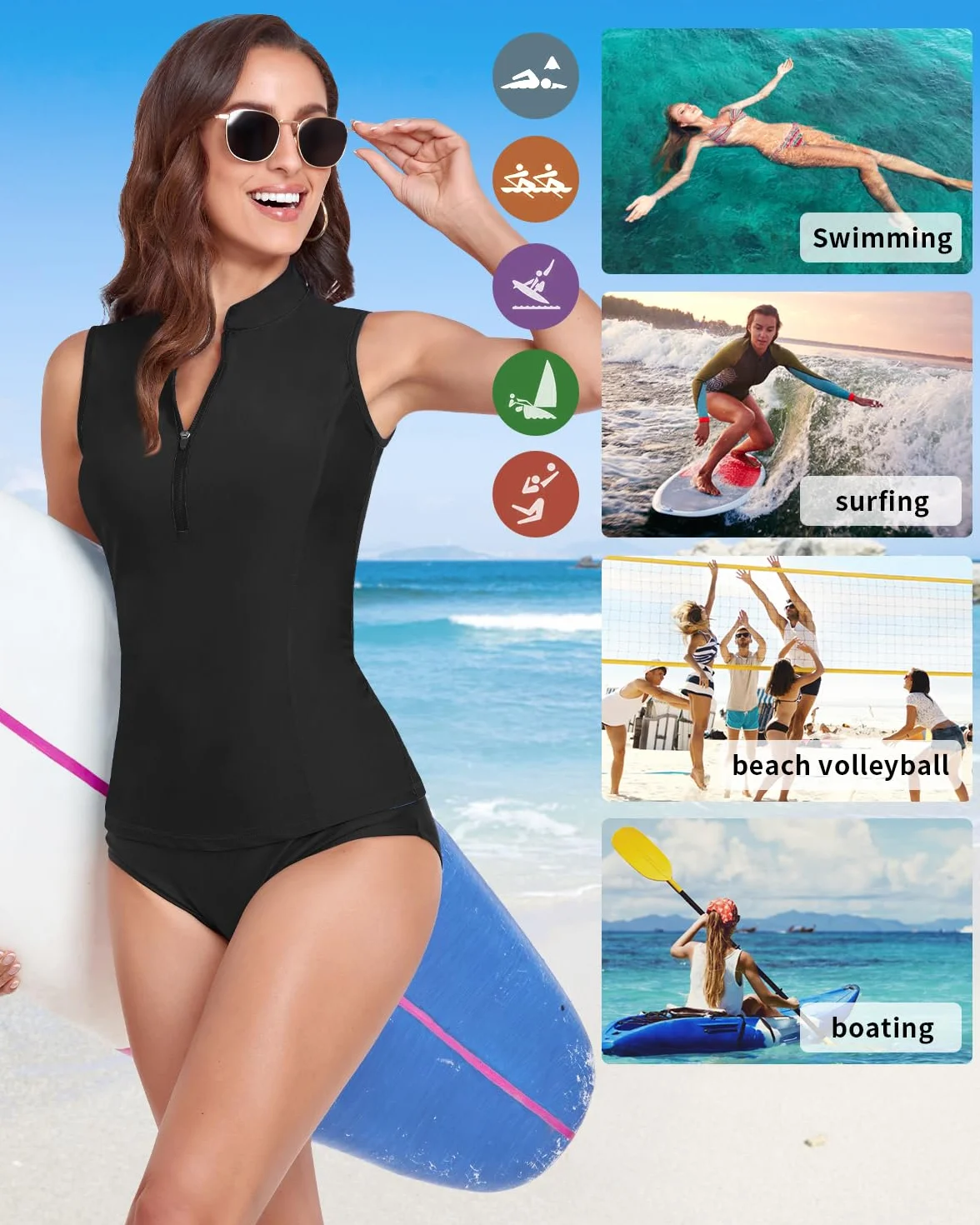 WOWENY Damska koszulka do pływania bez rękawów, tankini, damska koszulka kąpielowa, ochrona przed słońcem, moda kąpielowa, surfing, koszulka plażowa, kamizelka do pływania